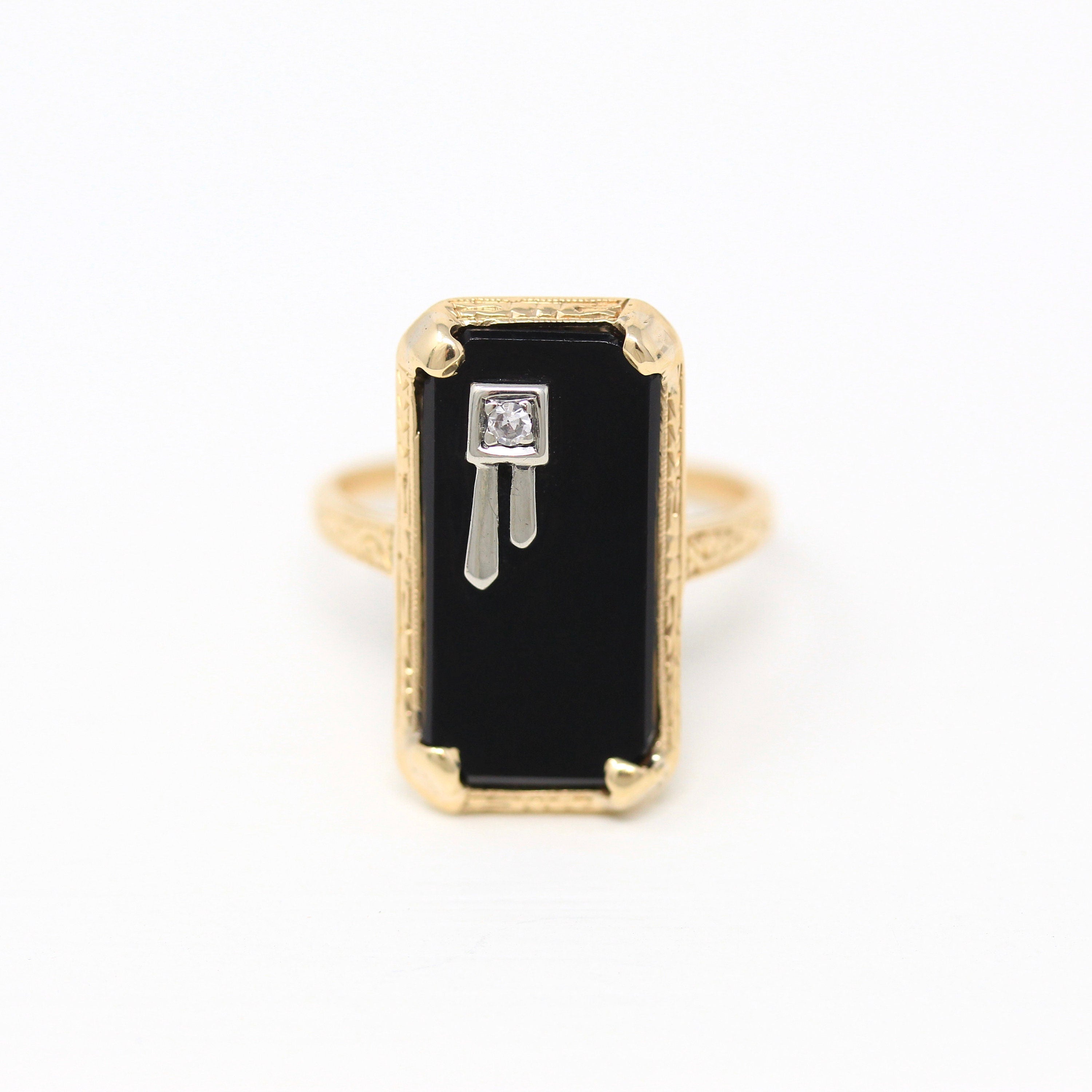 Genuine Onyx Ring - Retro Era 14k Yellow Gold Rectangular Black Gem & Diamond Statement - Vintage Circa 1940s Era Size 6 1/4 Fine Jewelry