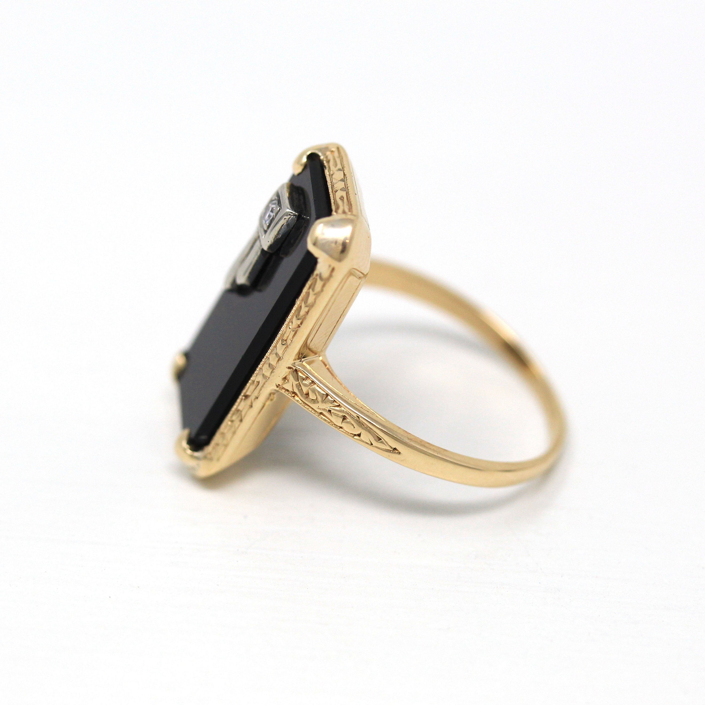 Genuine Onyx Ring - Retro Era 14k Yellow Gold Rectangular Black Gem & Diamond Statement - Vintage Circa 1940s Era Size 6 1/4 Fine Jewelry