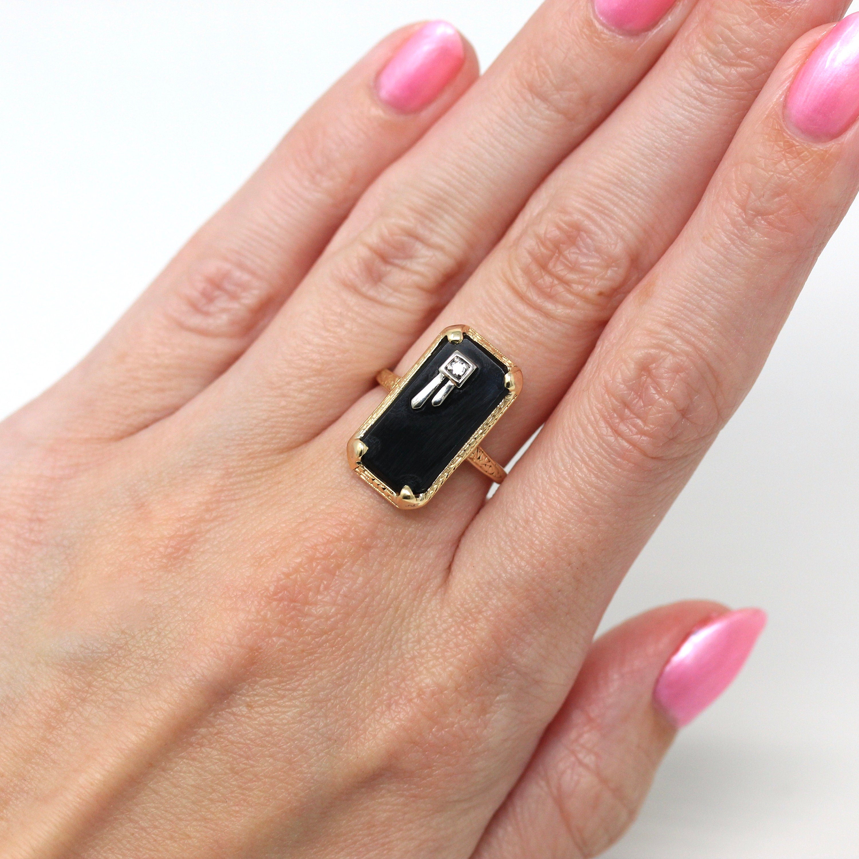 Genuine Onyx Ring - Retro Era 14k Yellow Gold Rectangular Black Gem & Diamond Statement - Vintage Circa 1940s Era Size 6 1/4 Fine Jewelry