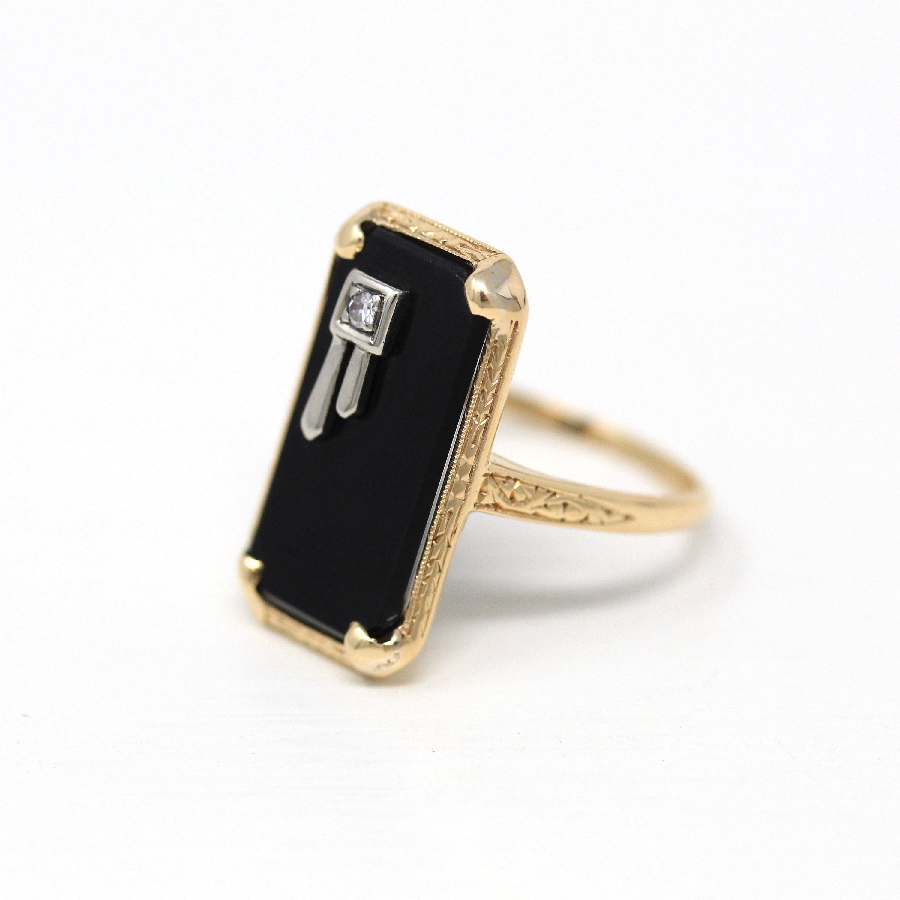 Genuine Onyx Ring - Retro Era 14k Yellow Gold Rectangular Black Gem & Diamond Statement - Vintage Circa 1940s Era Size 6 1/4 Fine Jewelry