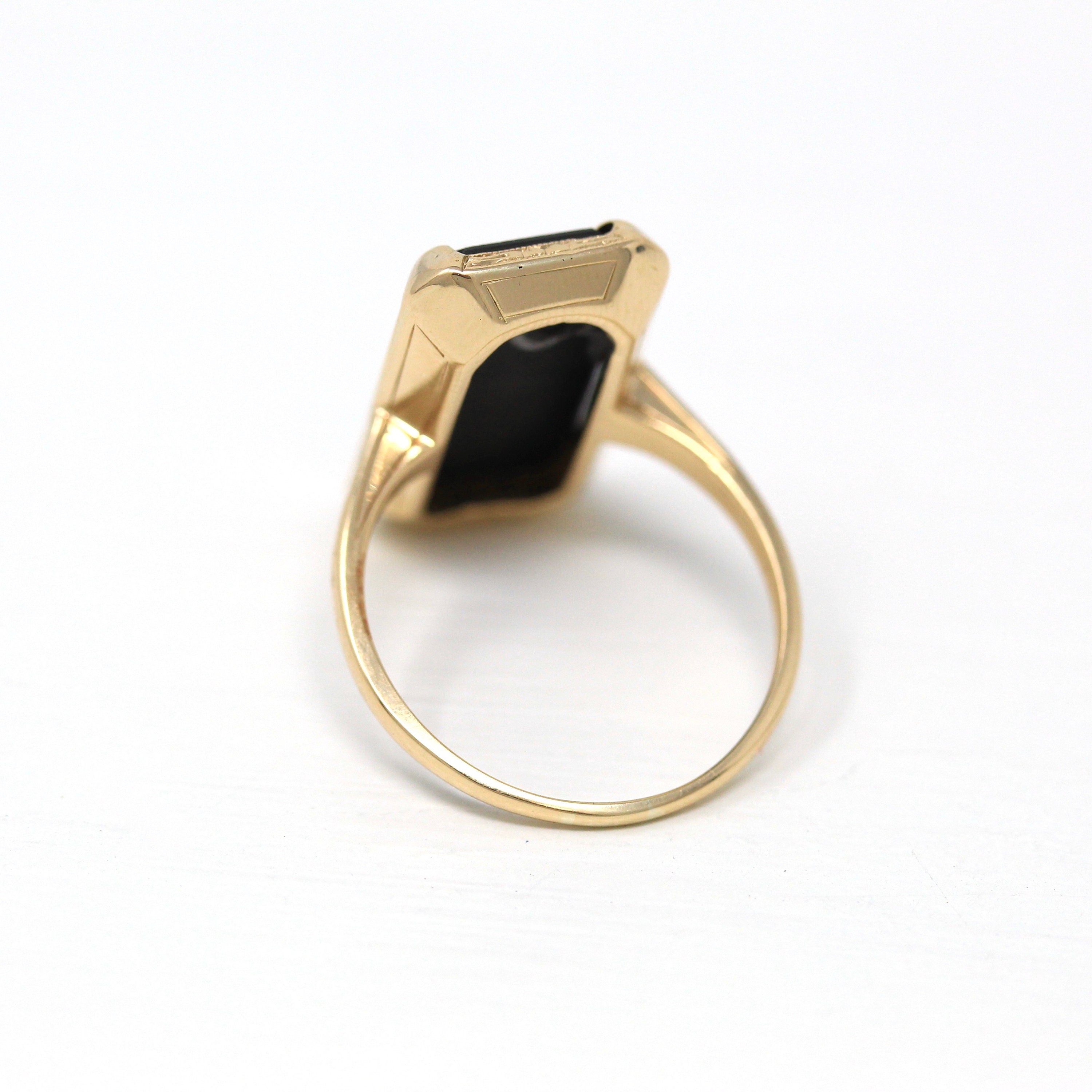 Genuine Onyx Ring - Retro Era 14k Yellow Gold Rectangular Black Gem & Diamond Statement - Vintage Circa 1940s Era Size 6 1/4 Fine Jewelry