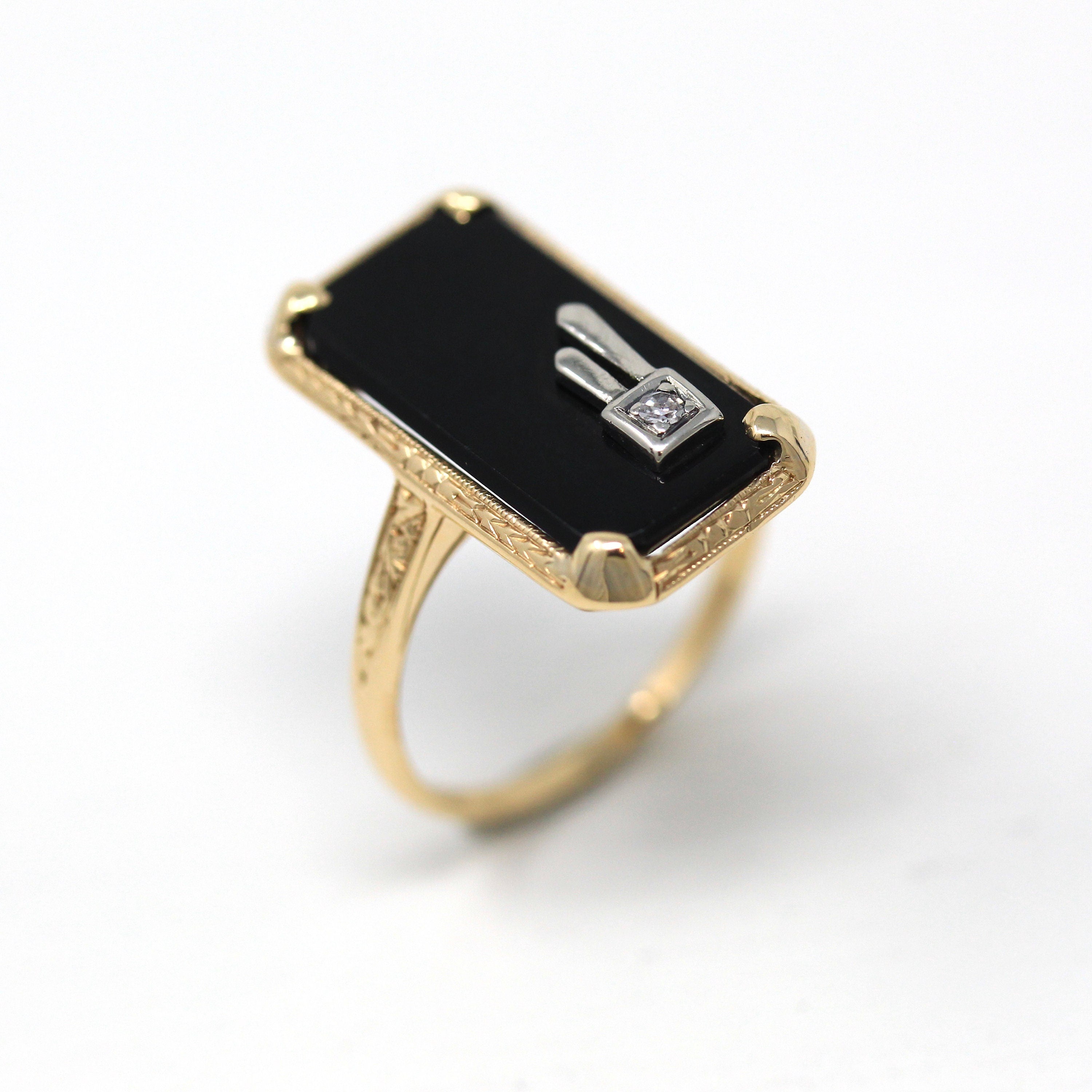 Genuine Onyx Ring - Retro Era 14k Yellow Gold Rectangular Black Gem & Diamond Statement - Vintage Circa 1940s Era Size 6 1/4 Fine Jewelry