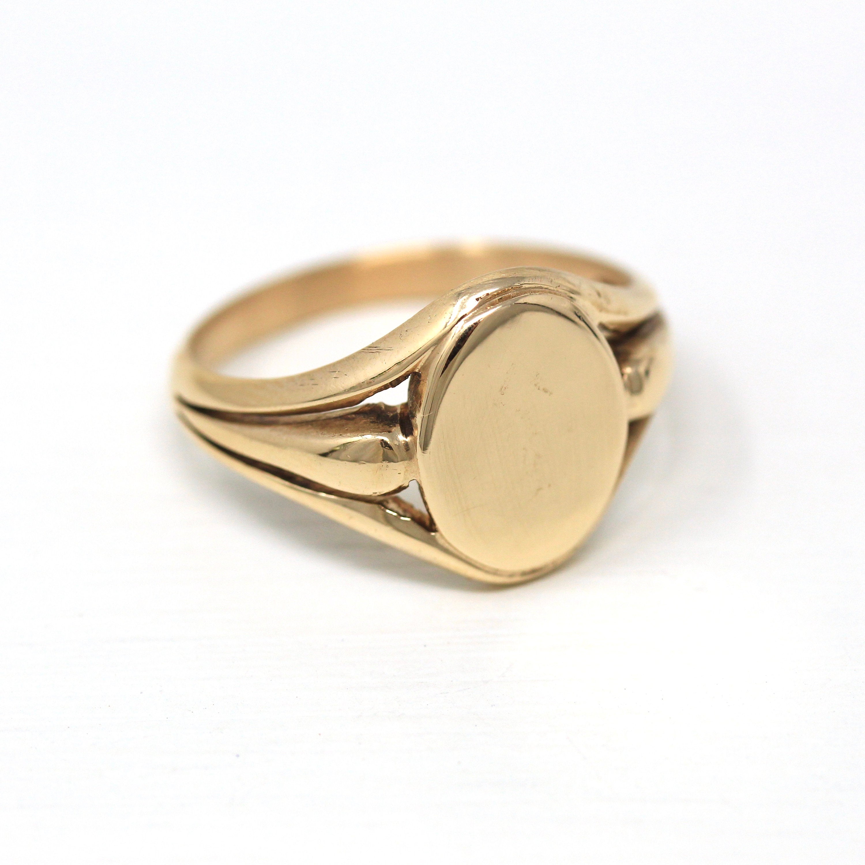 Blank Signet Ring - Retro 10k Yellow Gold Statement Customizable Engrave - Vintage Circa 1940s Era Size 11 3/4 Masculine Fine 40s Jewelry