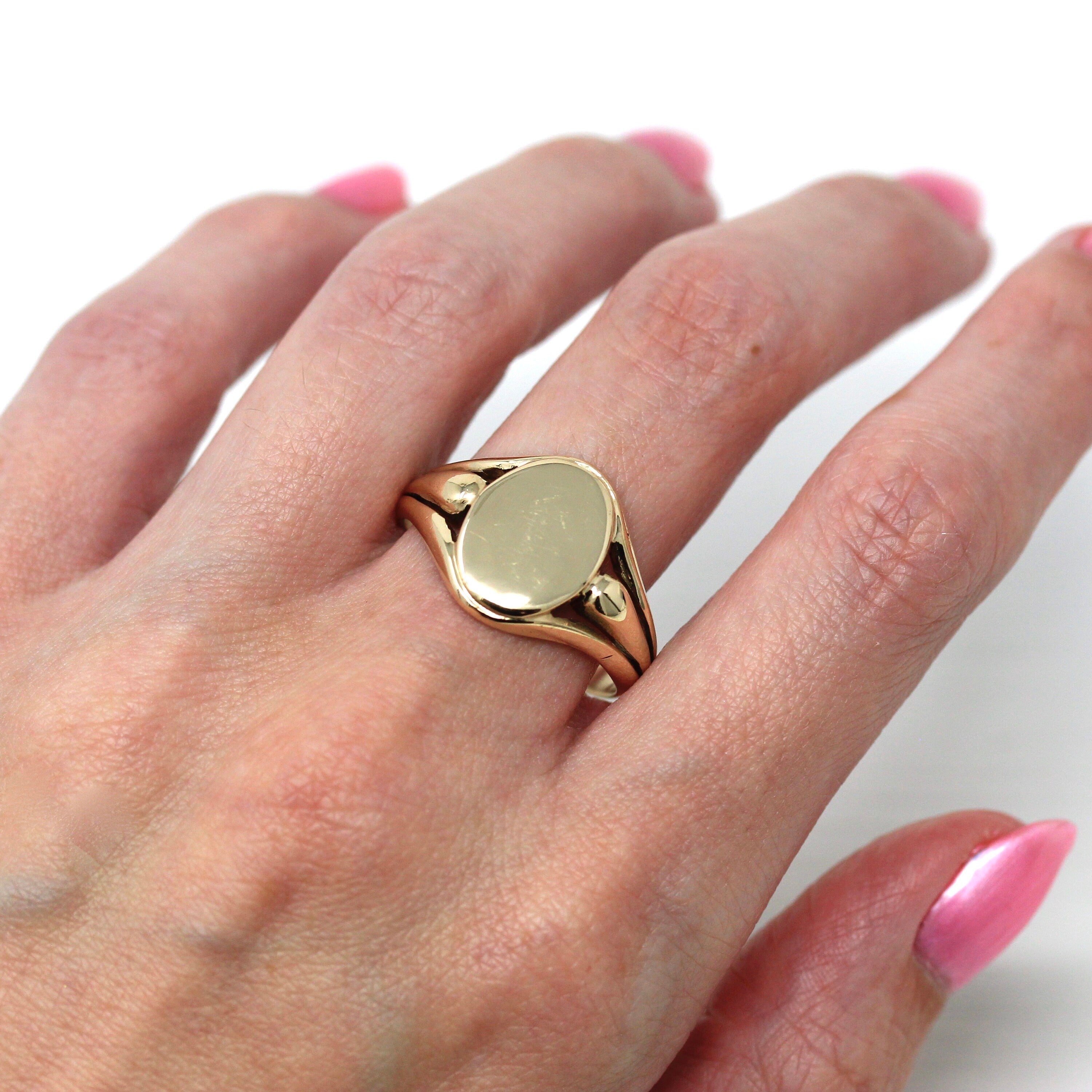 Blank Signet Ring - Retro 10k Yellow Gold Statement Customizable Engrave - Vintage Circa 1940s Era Size 11 3/4 Masculine Fine 40s Jewelry