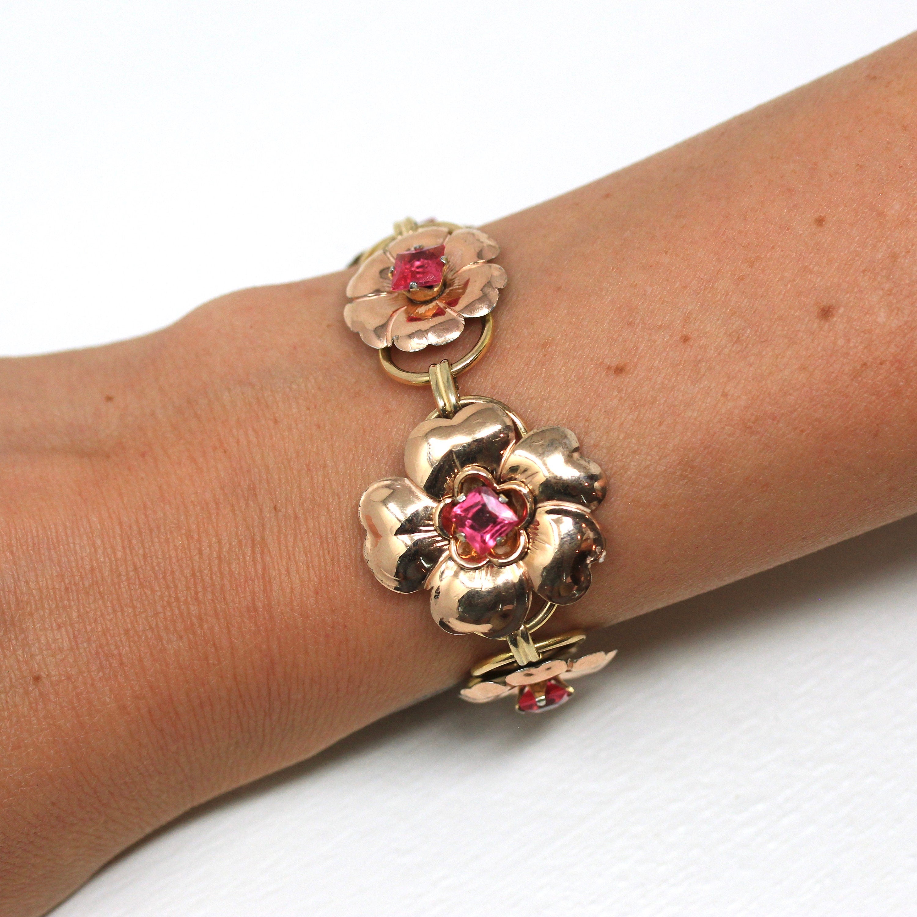 Vintage Flower Bracelet - Retro Rose & Yellow Gold Filled Pink Glass Floral Panel Statement - 1940s Era Fashion Accessory 40s Jewelry