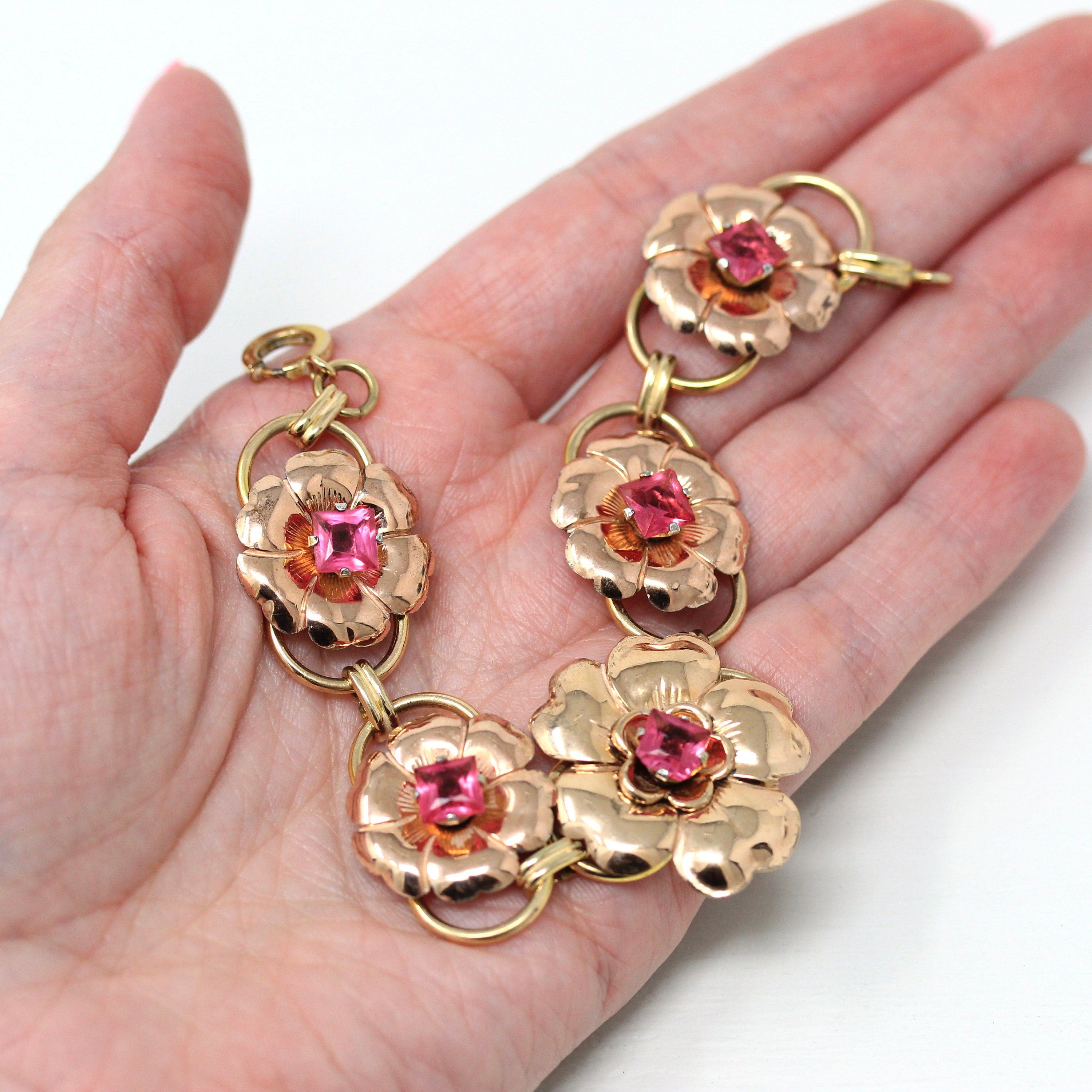 Vintage Flower Bracelet - Retro Rose & Yellow Gold Filled Pink Glass Floral Panel Statement - 1940s Era Fashion Accessory 40s Jewelry