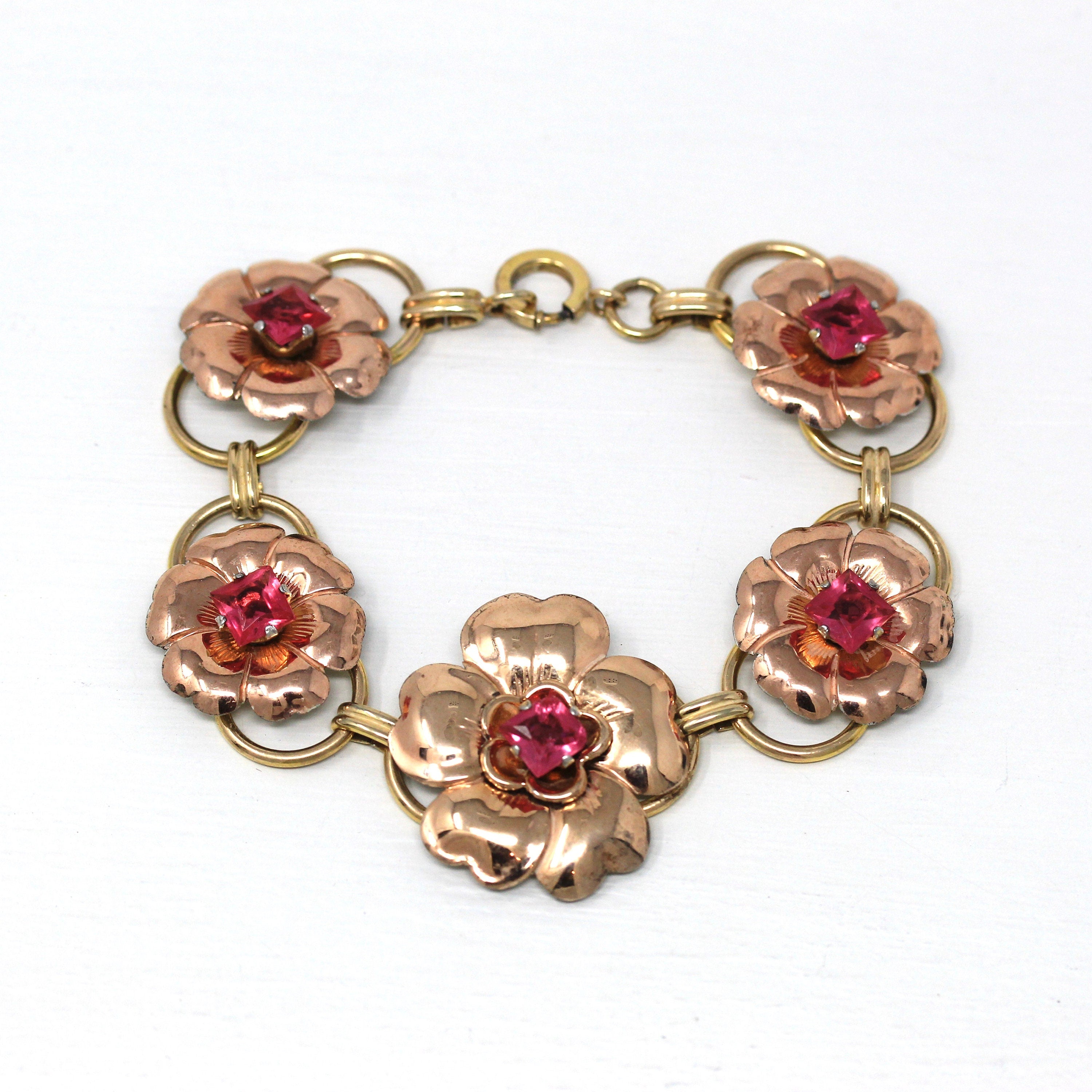 Vintage Flower Bracelet - Retro Rose & Yellow Gold Filled Pink Glass Floral Panel Statement - 1940s Era Fashion Accessory 40s Jewelry