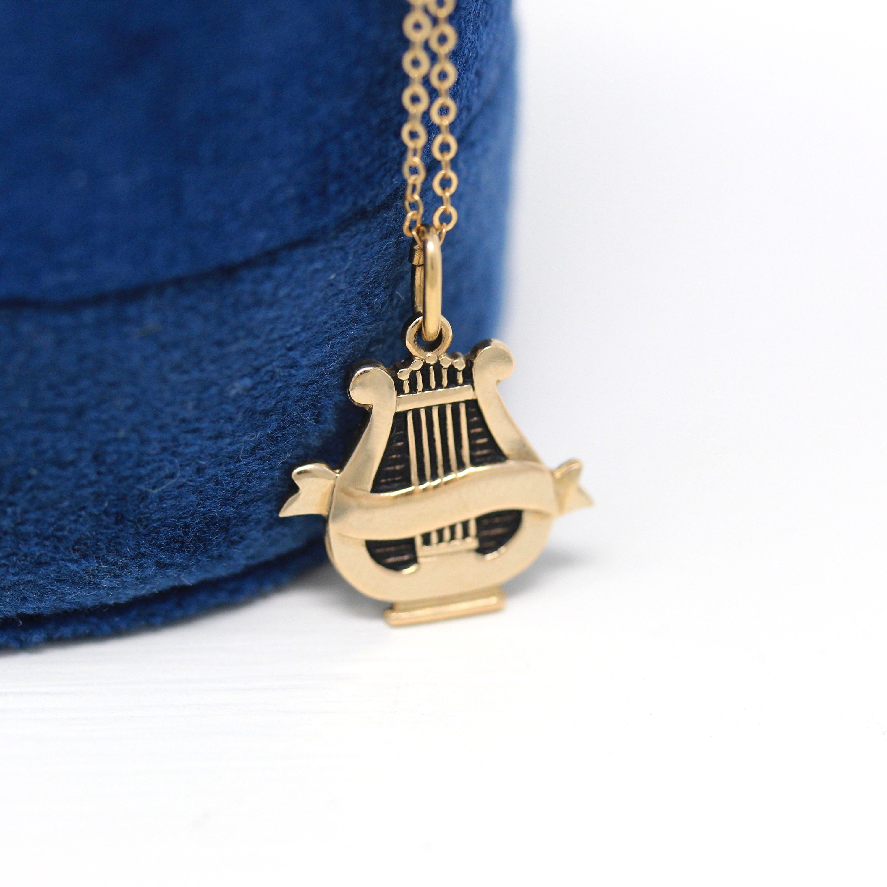 Vintage Lyre Charm - Retro 12k Yellow Gold Filled Musical String Instrument Pendant Necklace - Circa 1960s Era Figural Ancient Harp Jewelry