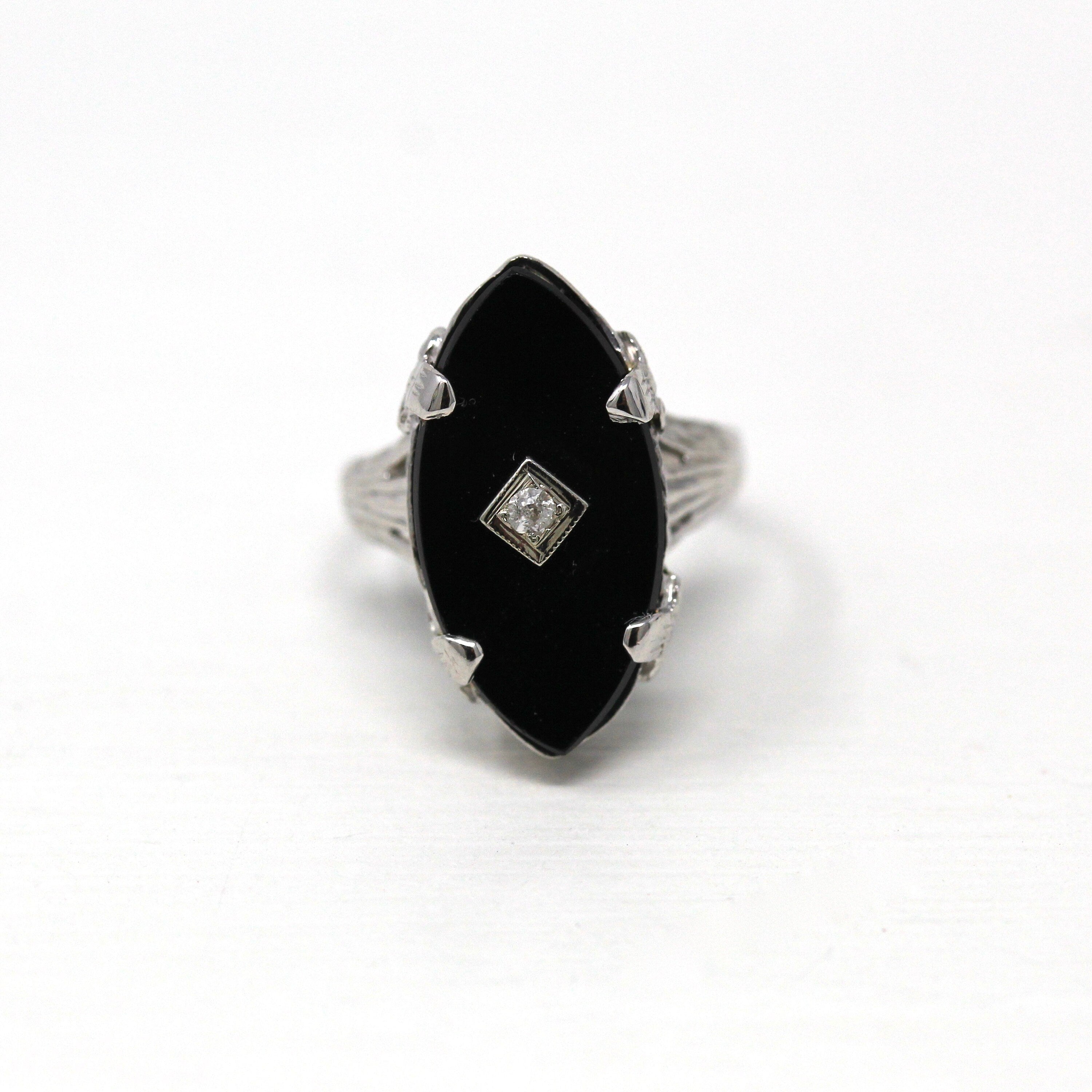 Onyx & Diamond Ring - Art Deco 14k White Gold Genuine .02 CT Gemstone Filigree - Vintage Circa 1930s Size 3.5 Lacy Flower Fine Jewelry