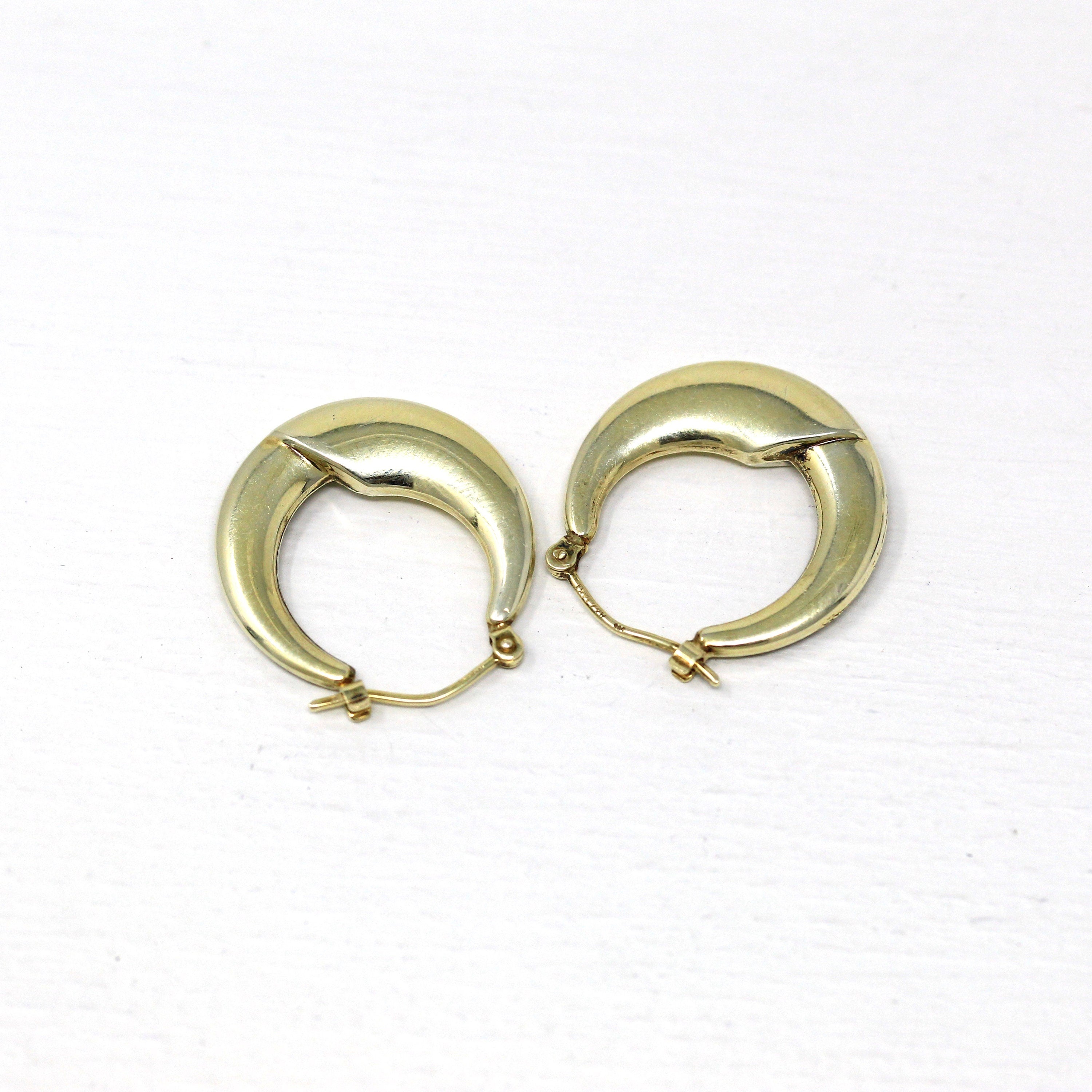 Modern Hoop Earrings - Estate 14k Yellow Gold Latch Backs Door Knockers - Vintage Circa 1990s Era Hollow Puffy Lightweight Fine Jewelry