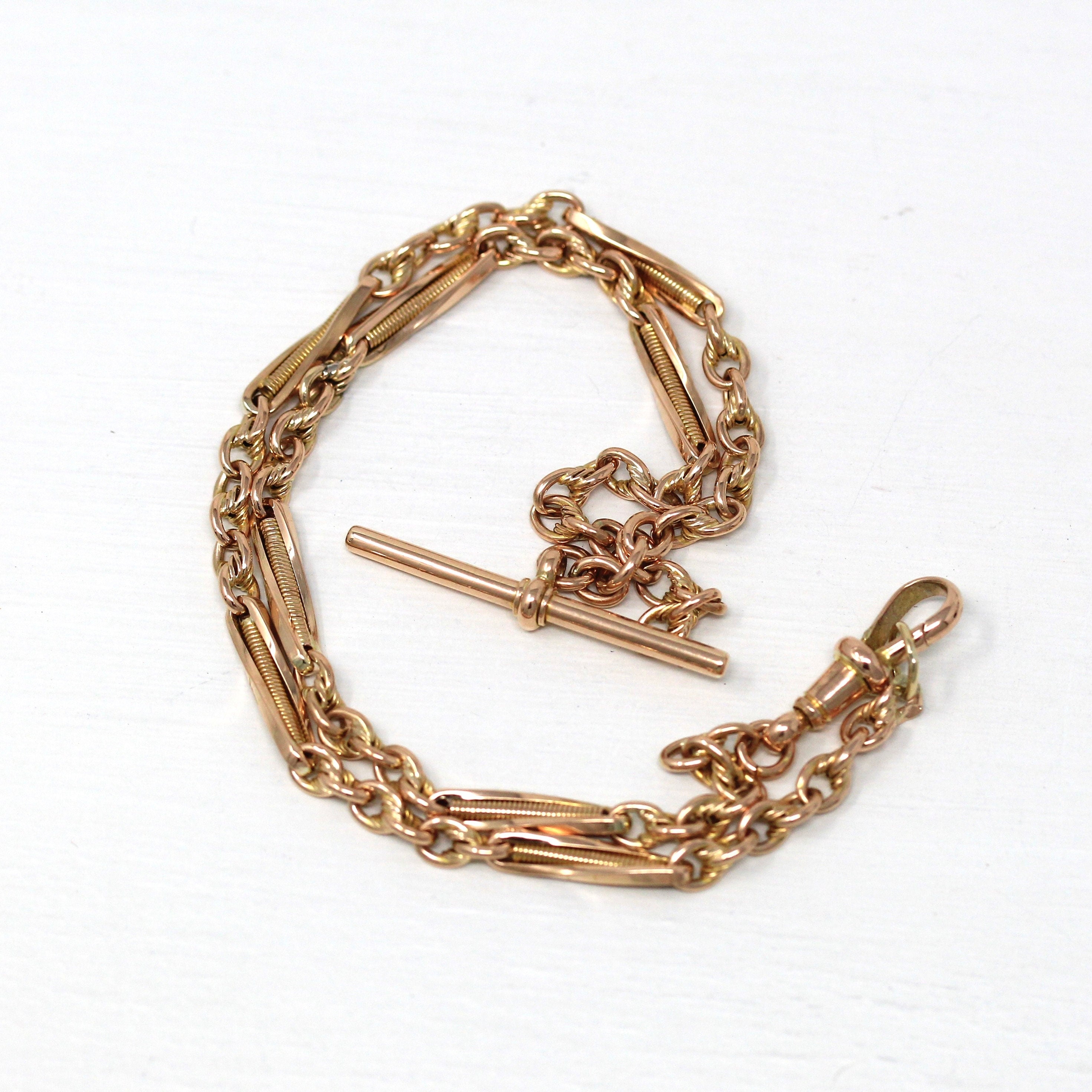 Pocket Watch Chain - Antique 9ct Rose Gold T Bar Spring Ring Swivel Clip Necklace - Edwardian Circa 1910s Fashion Accessory Fine Jewelry