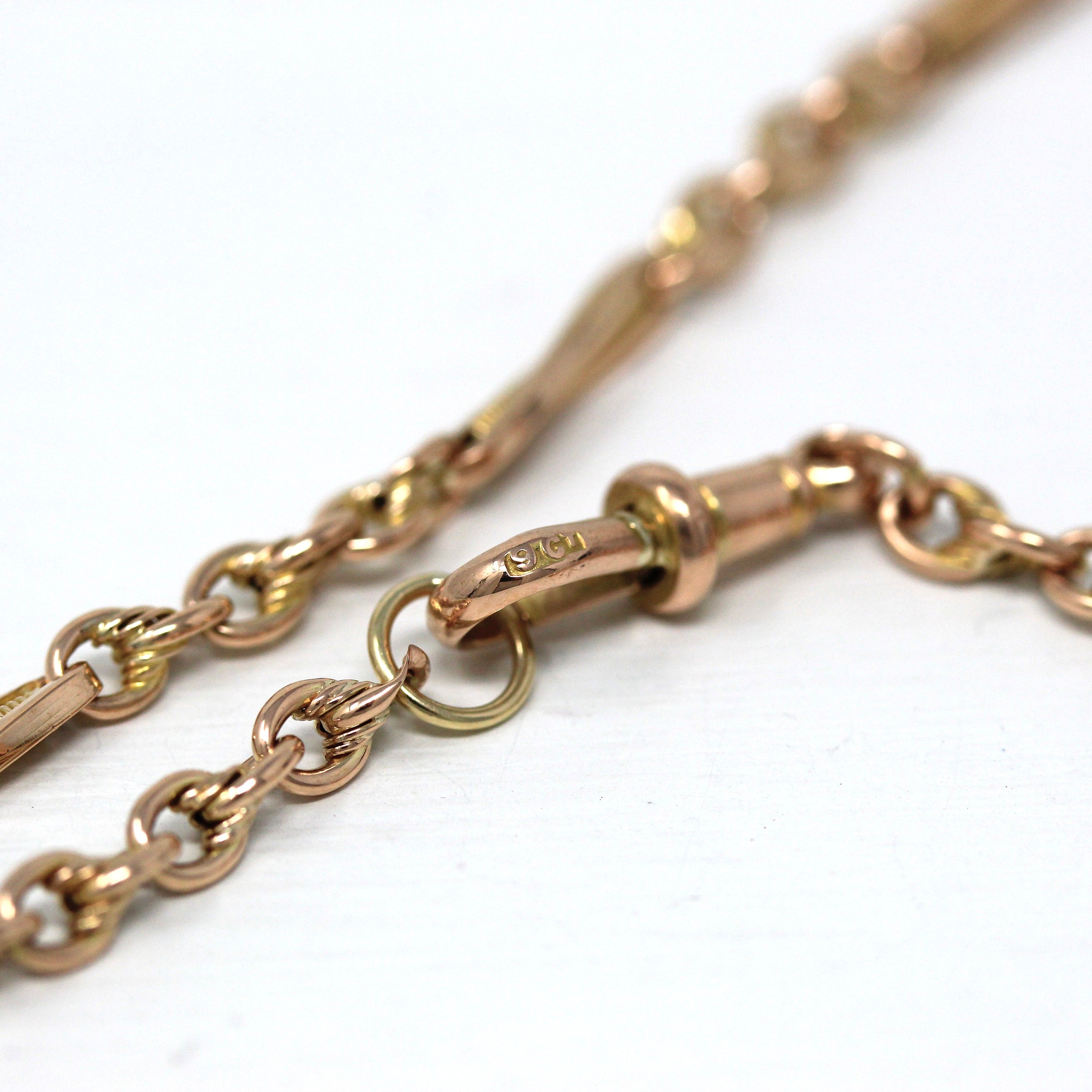 Pocket Watch Chain - Antique 9ct Rose Gold T Bar Spring Ring Swivel Clip Necklace - Edwardian Circa 1910s Fashion Accessory Fine Jewelry