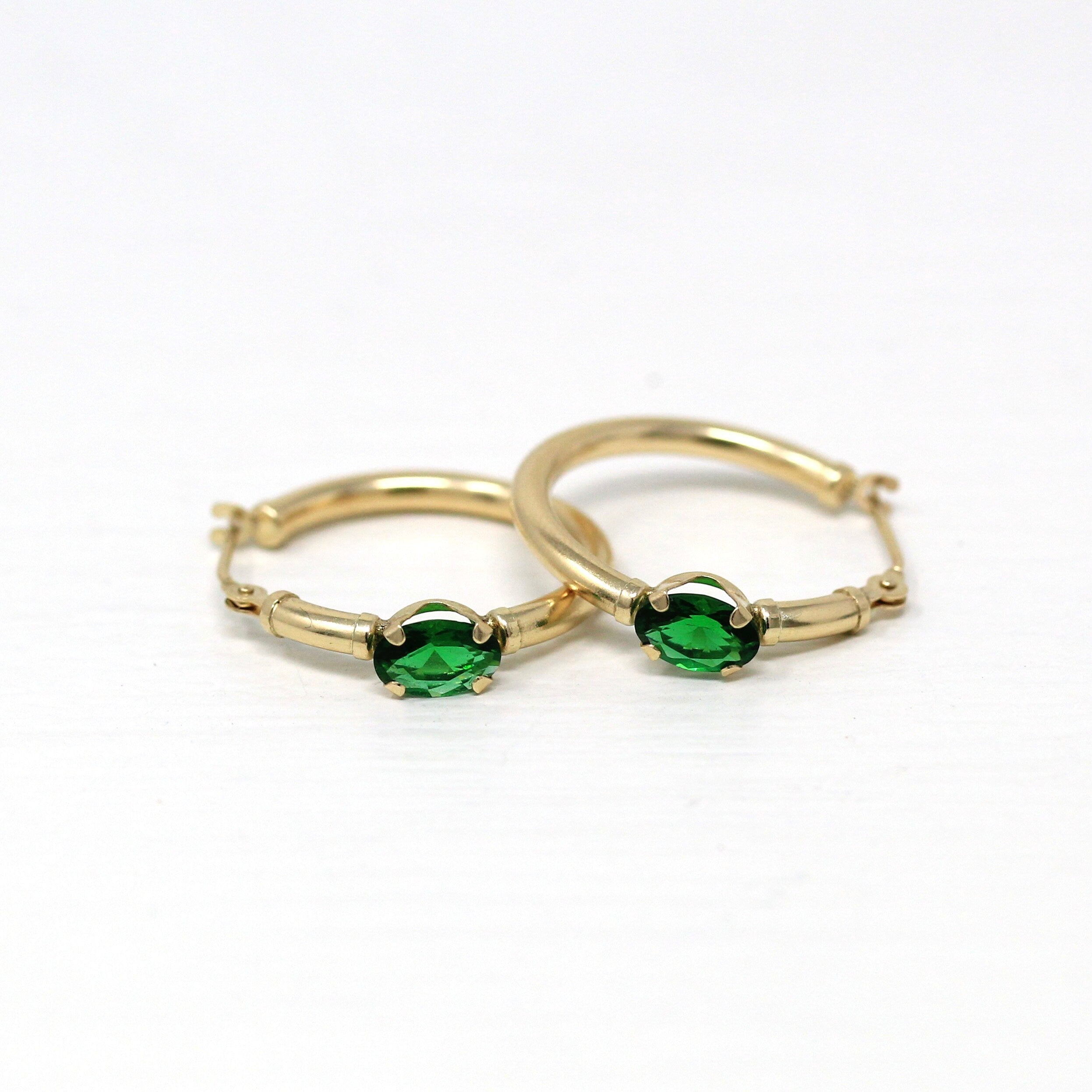 Modern Gold Hoops - Estate 14k Yellow Gold Simulated Emeralds Latch Back Earrings Pair - Circa 2000's Era Green Glass Stones Fine Jewelry