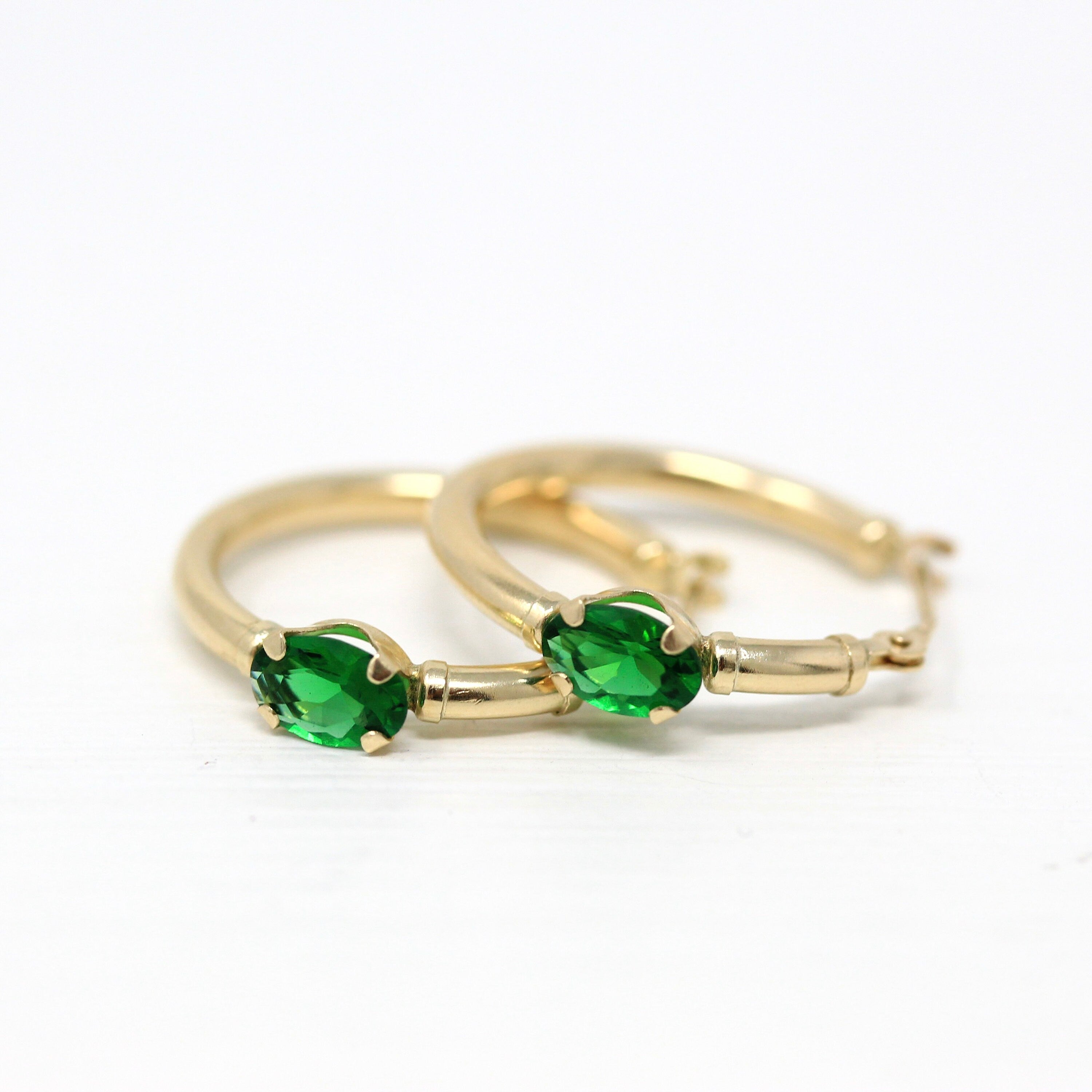 Modern Gold Hoops - Estate 14k Yellow Gold Simulated Emeralds Latch Back Earrings Pair - Circa 2000's Era Green Glass Stones Fine Jewelry