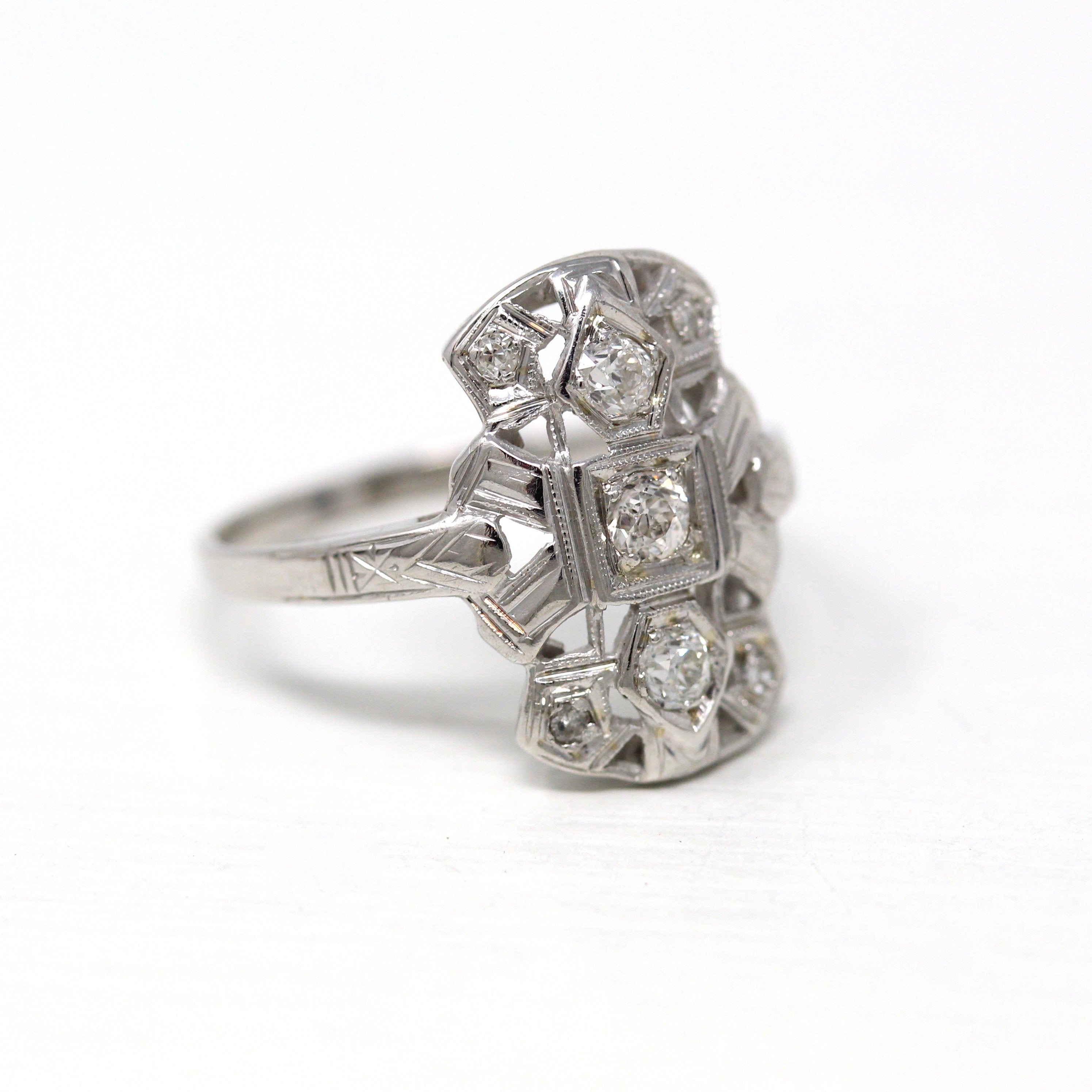 Antique Shield Ring Art Deco 14K White Gold Genuine .20 CTW Diamond Gem Vintage Circa 1920s Era Size 6 Navette Statement Fine Jewelry