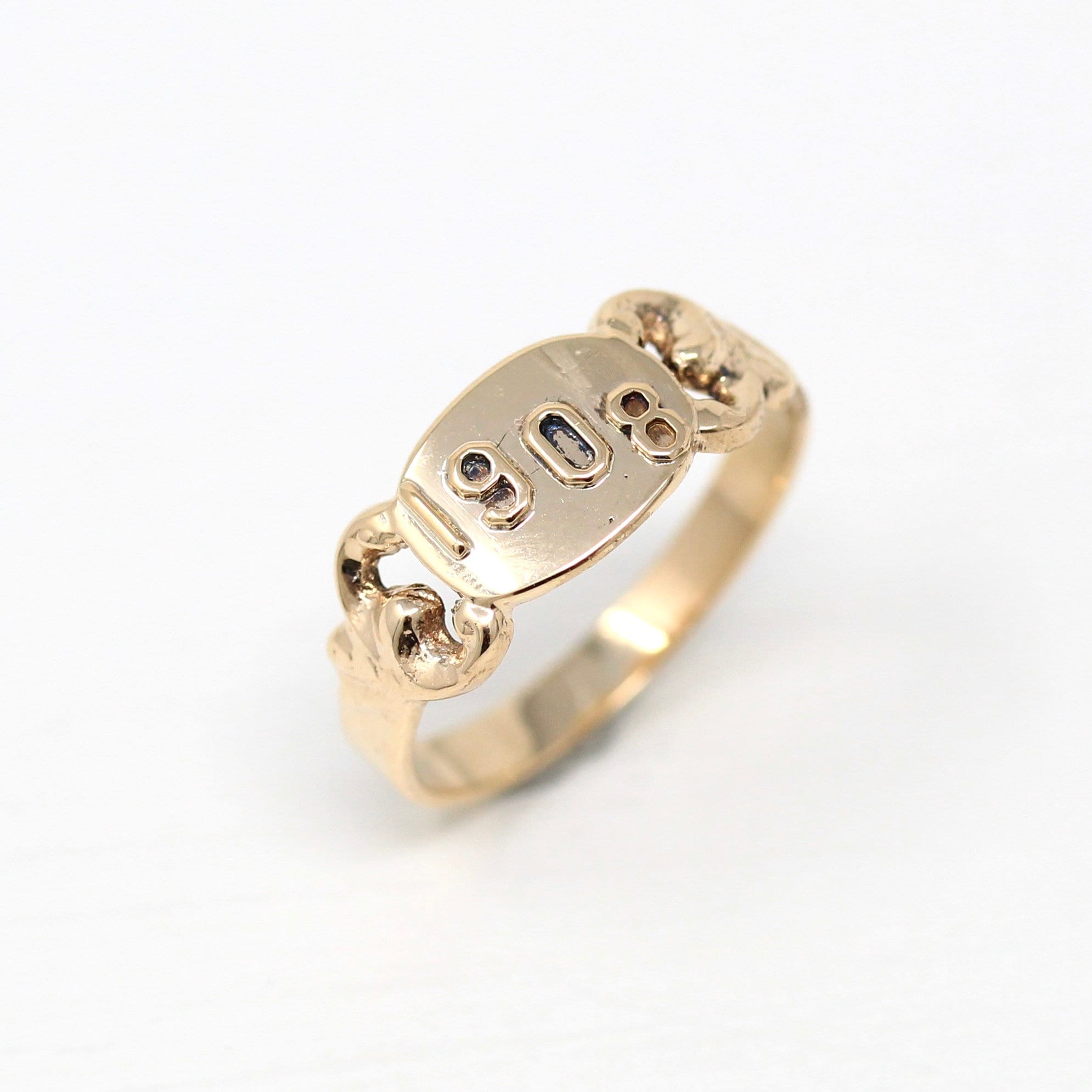 Dated 1908 Ring - Edwardian 10k Yellow Gold Signet Style Rare Dated Band - Antique Size 5 3/4 Early 1900s Fine Vintage Jewelry