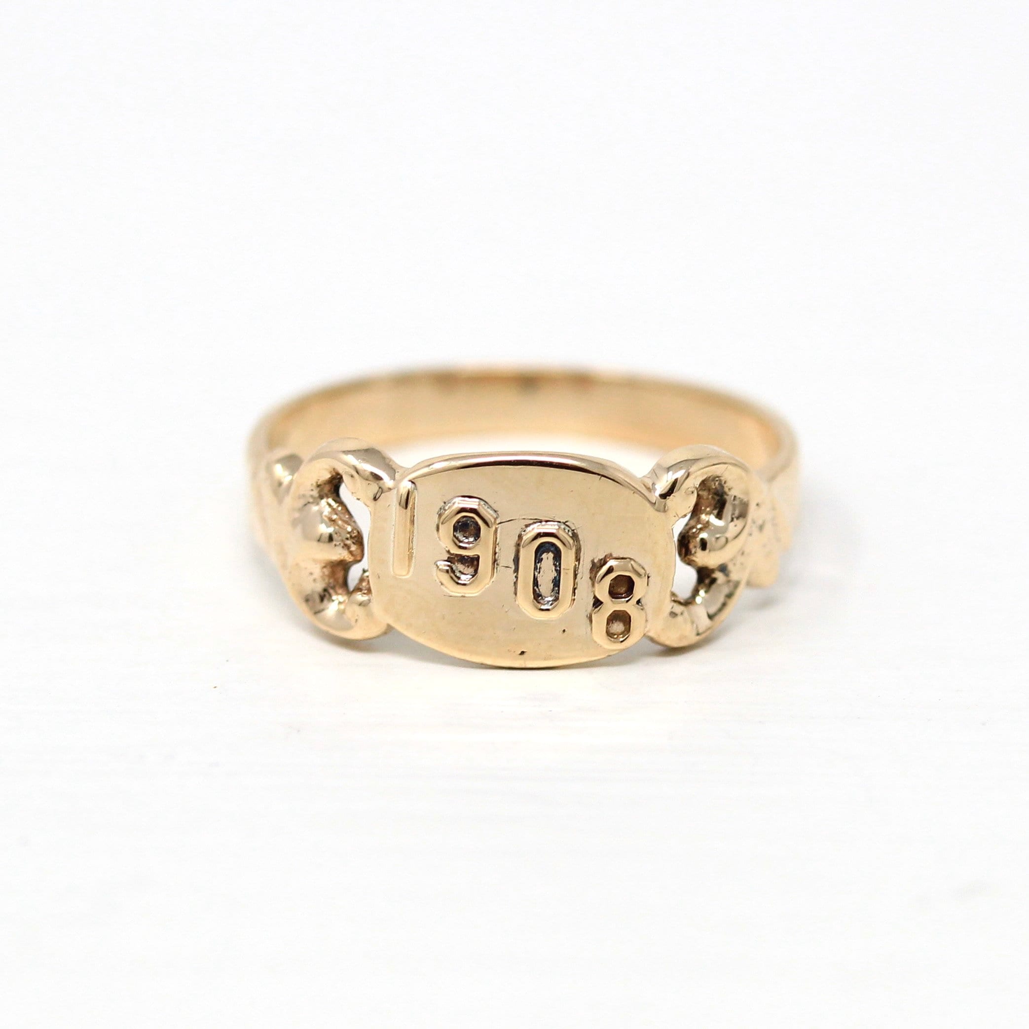 Dated 1908 Ring - Edwardian 10k Yellow Gold Signet Style Rare Dated Band - Antique Size 5 3/4 Early 1900s Fine Vintage Jewelry