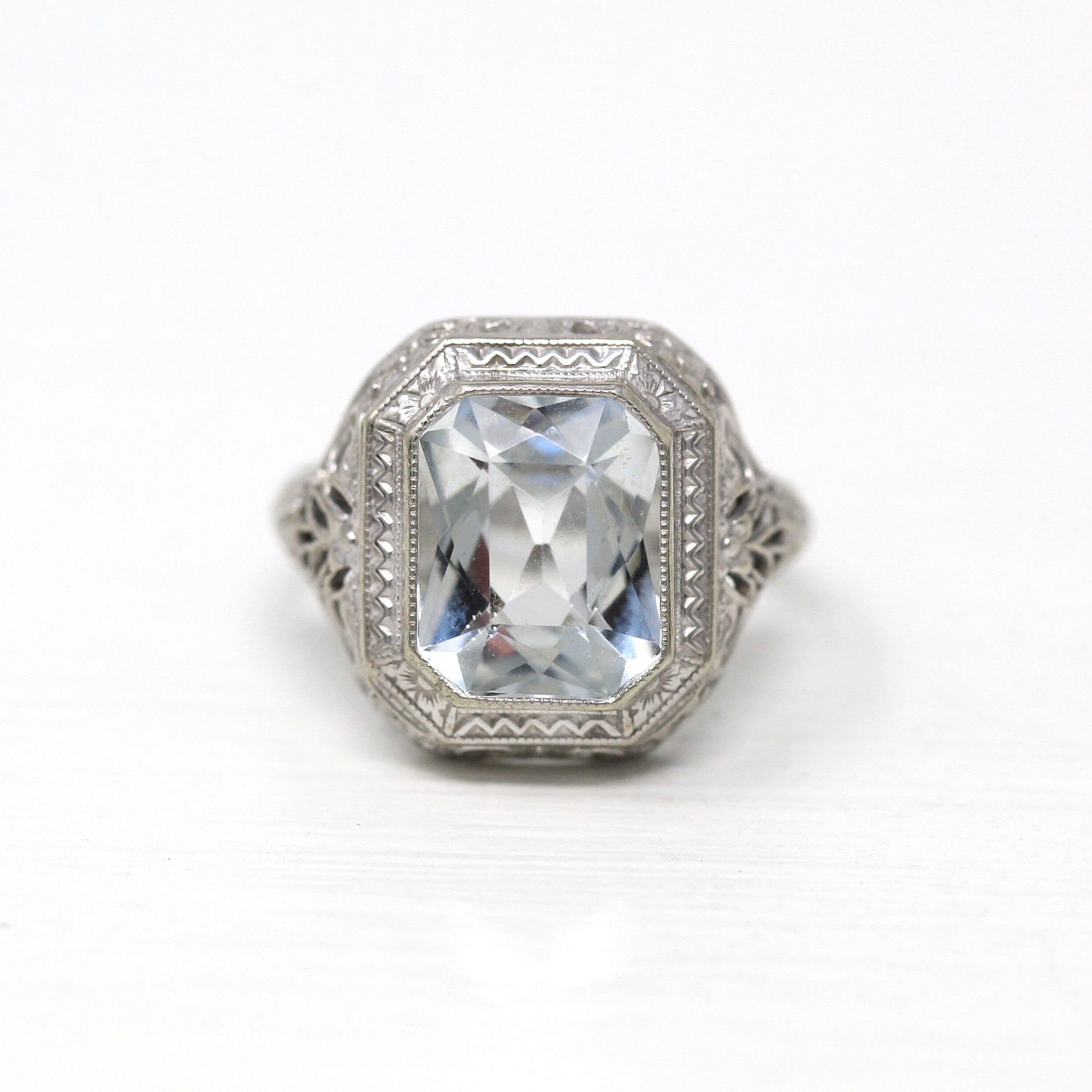 Genuine Aquamarine Ring - Art Deco 10k White Gold Emerald Cut 2.94 CT Blue Gem - Vintage Circa 1930s Era Size 5 1/4 Filigree Fine OB Jewelry