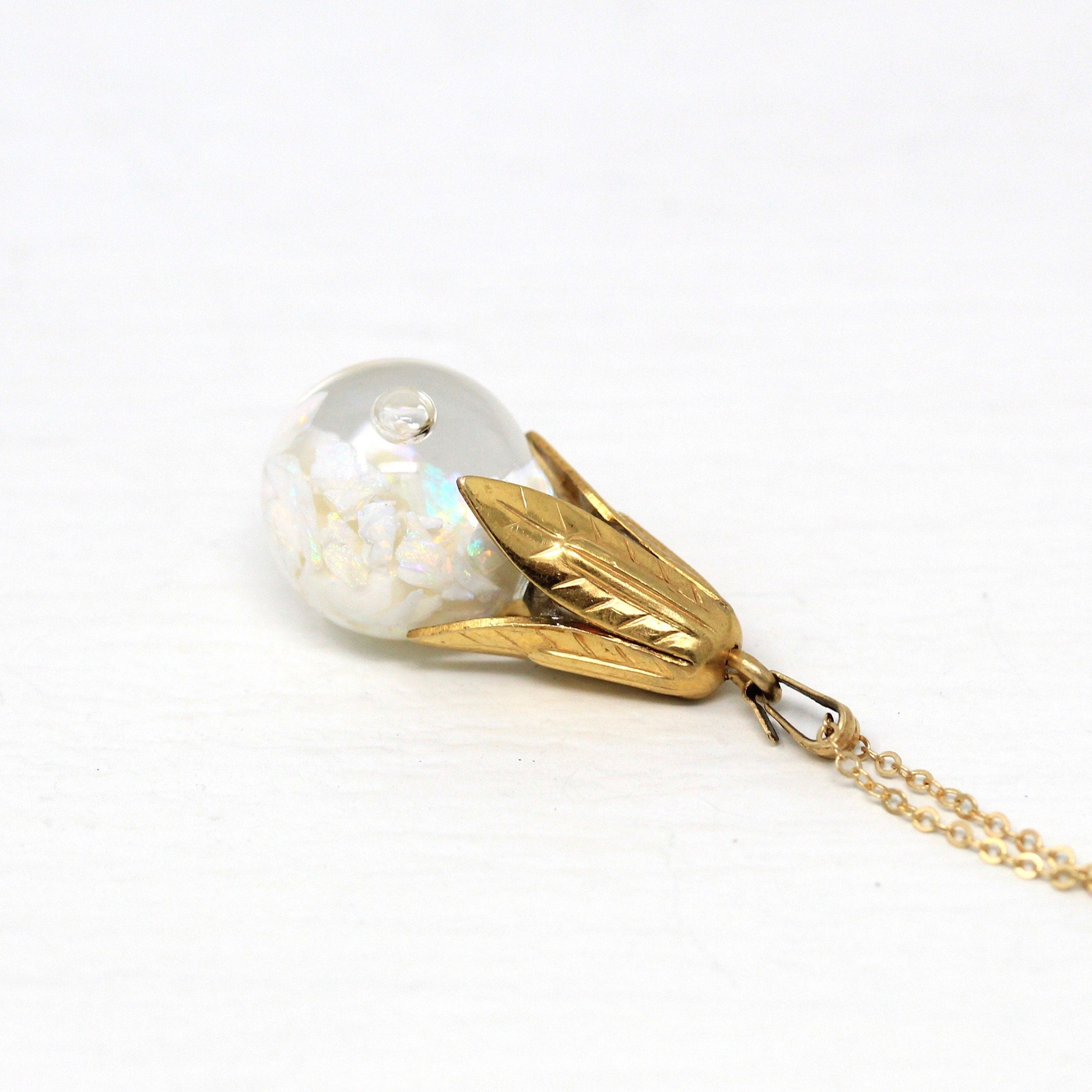 Floating Opal Charm - Retro Gold Filled Tulip Cap Genuine Gemstones Sphere Orb Fob - Vintage 1940s Era Liquid Teardrop Pendant 40s Jewelry