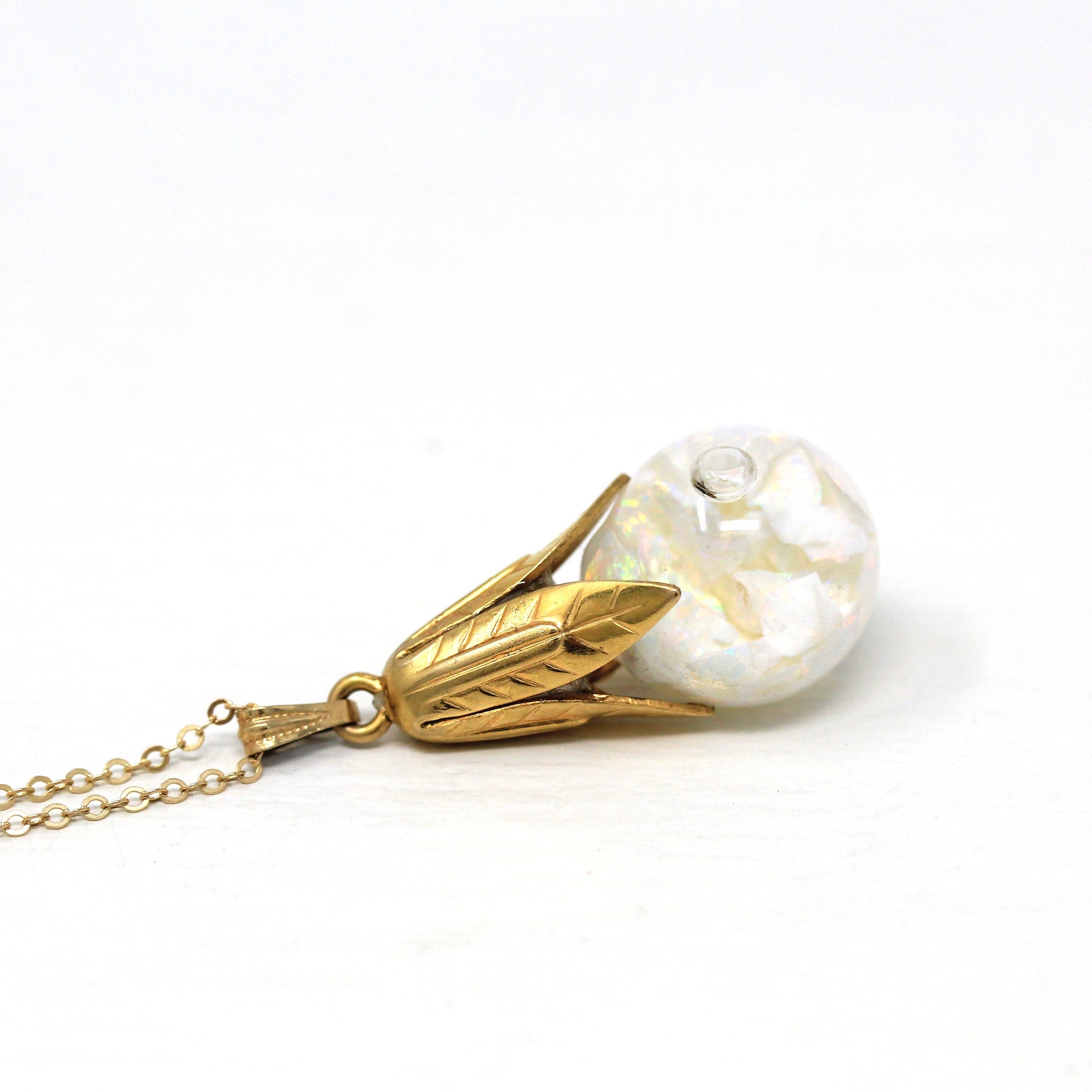 Floating Opal Charm - Retro Gold Filled Tulip Cap Genuine Gemstones Sphere Orb Fob - Vintage 1940s Era Liquid Teardrop Pendant 40s Jewelry