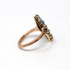 Antique Navette Ring - Victorian 18k Rosy Yellow Gold Genuine Turquoise & Old Mine Cut Diamonds - Vintage 1890s Size 3 3/4 Fine Jewelry