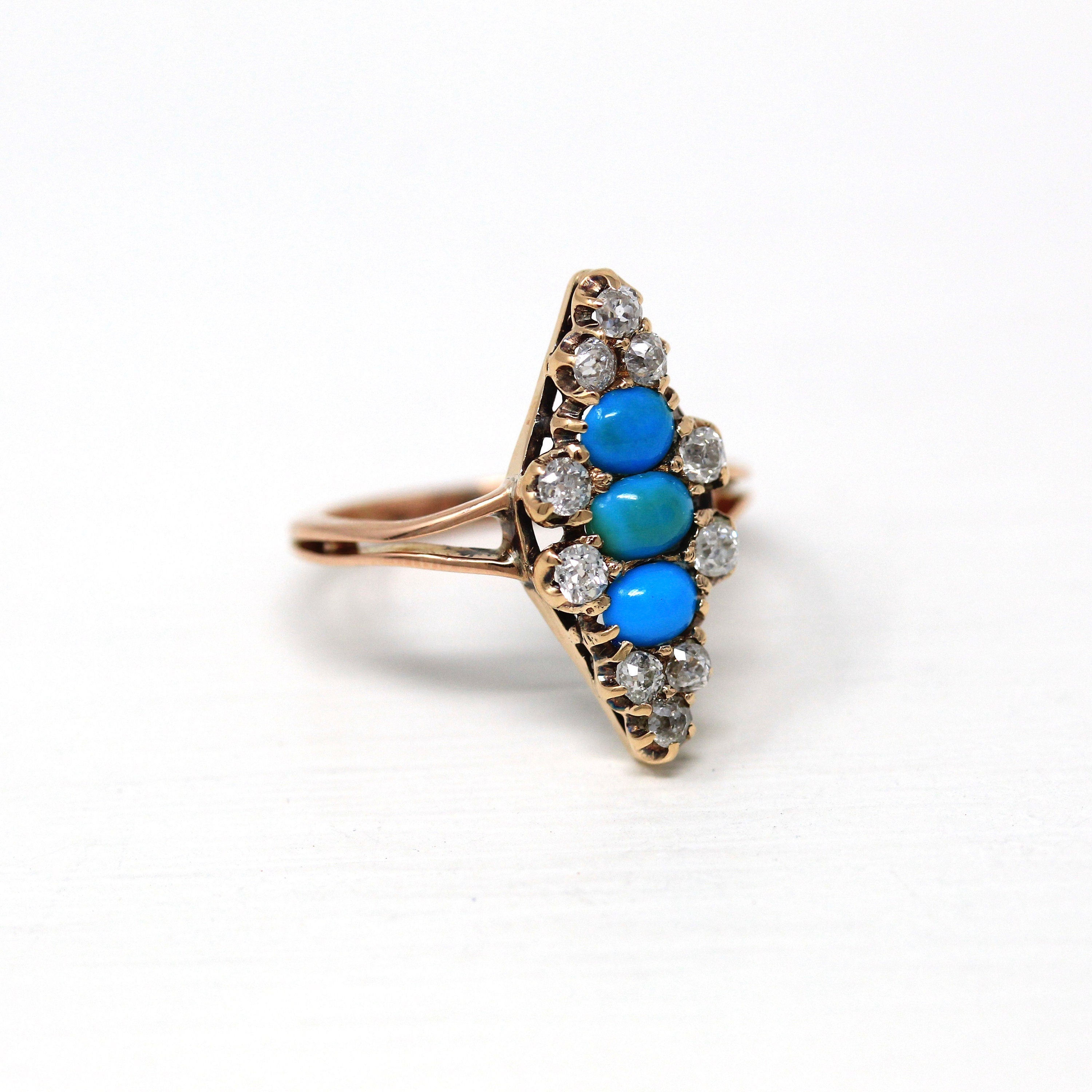 Antique Navette Ring - Victorian 18k Rosy Yellow Gold Genuine Turquoise & Old Mine Cut Diamonds - Vintage 1890s Size 3 3/4 Fine Jewelry