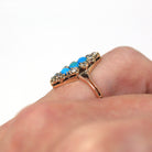 Antique Navette Ring - Victorian 18k Rosy Yellow Gold Genuine Turquoise & Old Mine Cut Diamonds - Vintage 1890s Size 3 3/4 Fine Jewelry