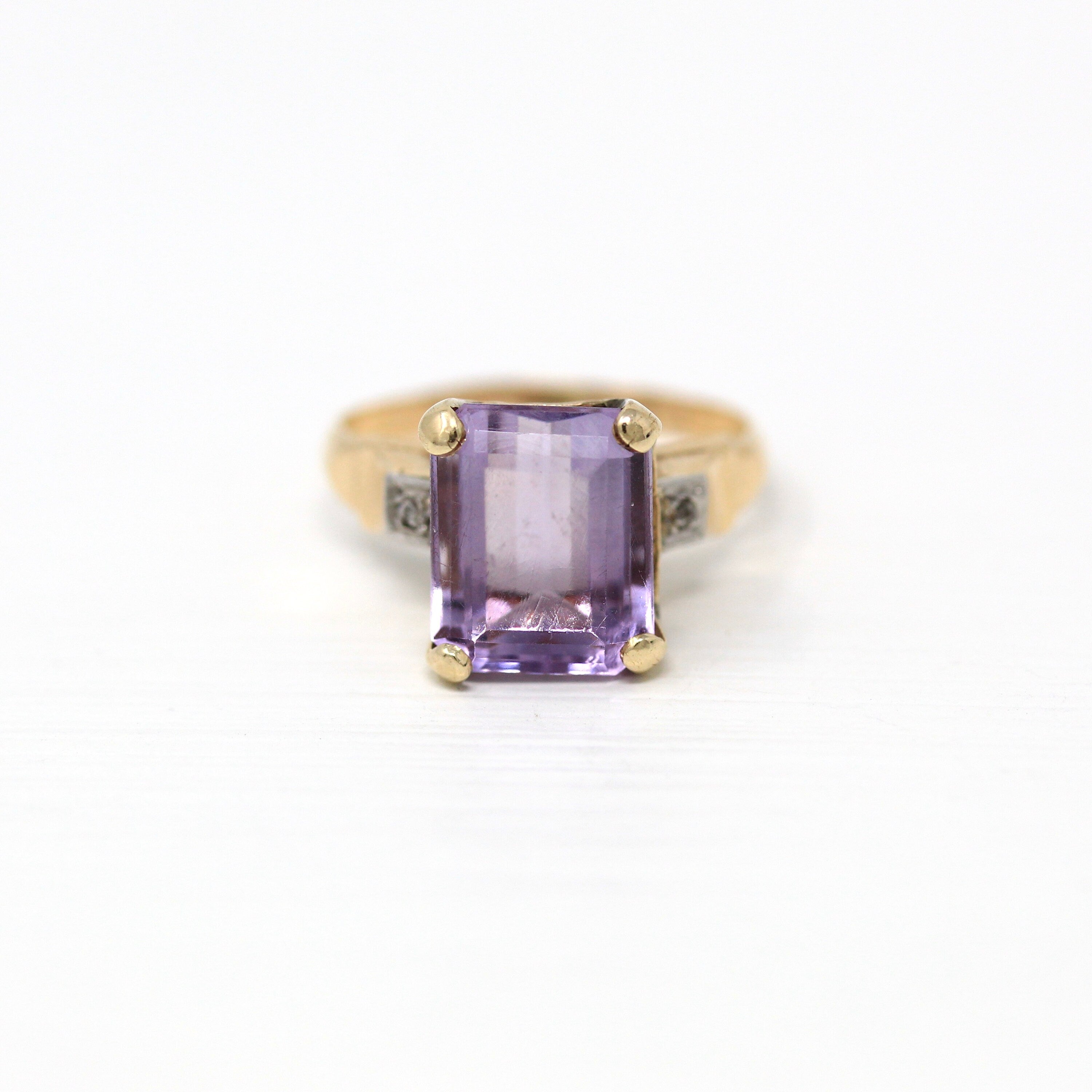 Genuine Amethyst Ring - Vintage 10k Yellow Gold Faceted Purple Hued 3.3 CT Gemstone - Retro Era Circa 1940s Size 4.25 Fine 40s Gem Jewelry