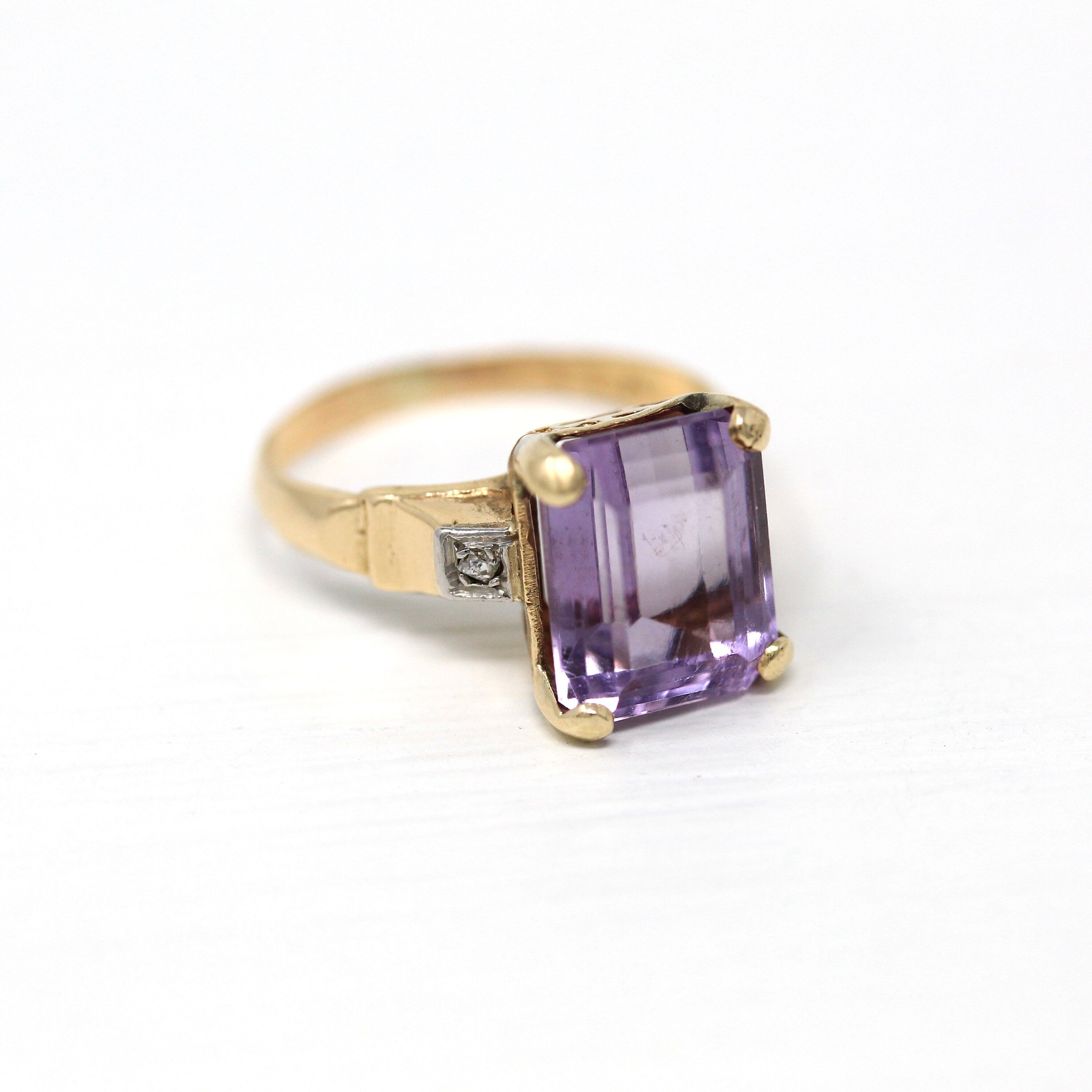 Genuine Amethyst Ring - Vintage 10k Yellow Gold Faceted Purple Hued 3.3 CT Gemstone - Retro Era Circa 1940s Size 4.25 Fine 40s Gem Jewelry