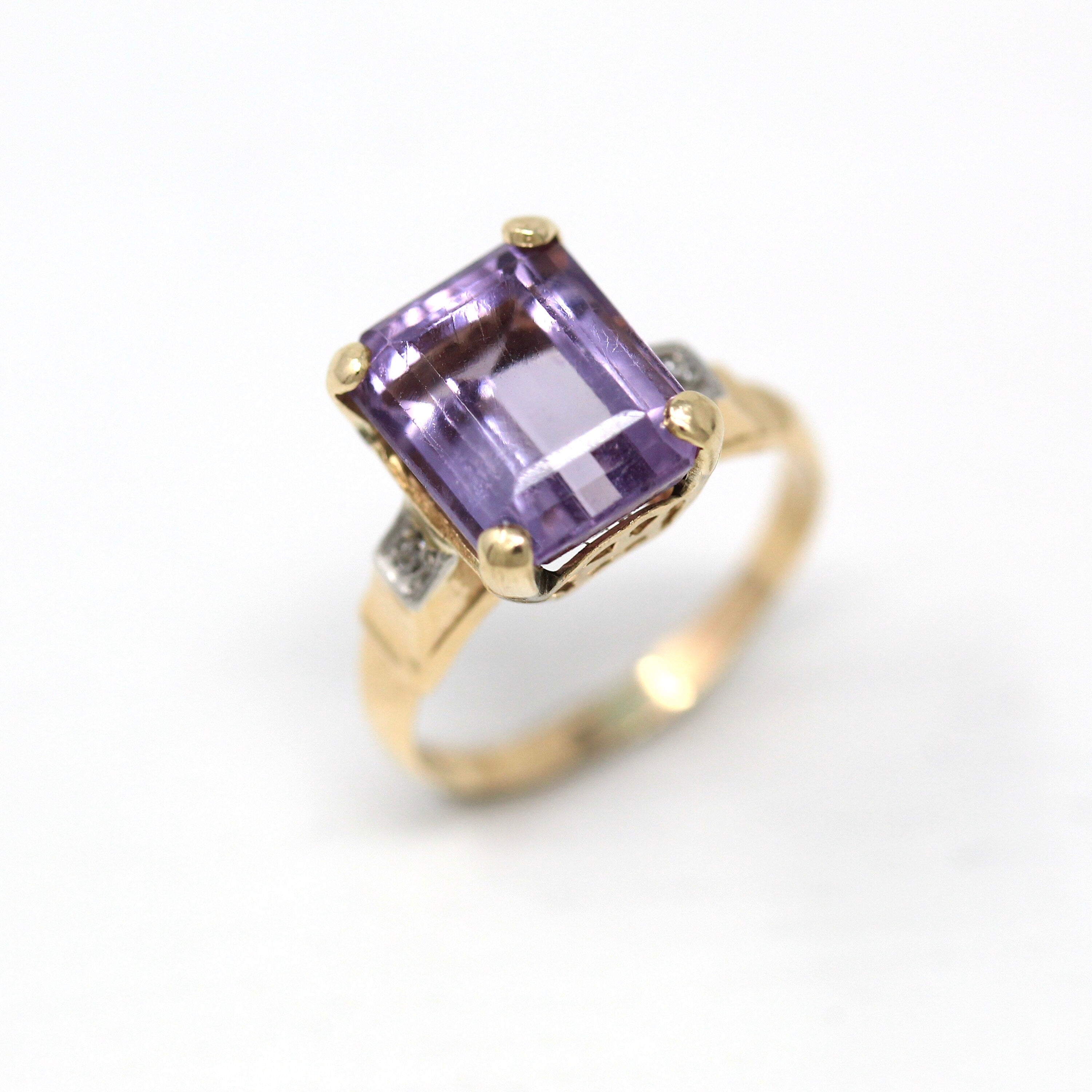 Genuine Amethyst Ring - Vintage 10k Yellow Gold Faceted Purple Hued 3.3 CT Gemstone - Retro Era Circa 1940s Size 4.25 Fine 40s Gem Jewelry