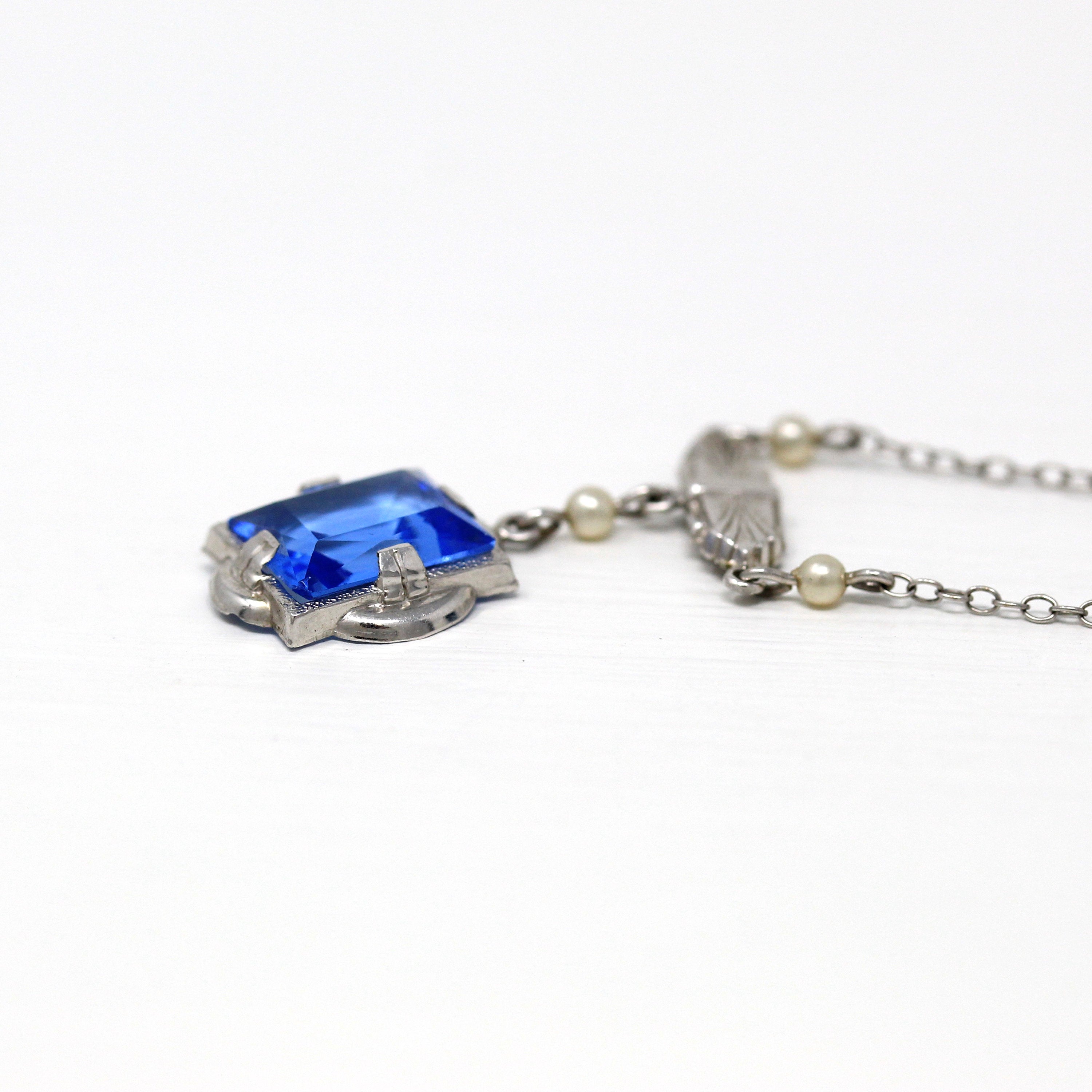 Art Deco Lavalier - Vintage 10k White Gold Simulated Sapphire & Seed Pearl Pendant Necklace - Circa 1930s Blue Glass 30s Fine Jewelry