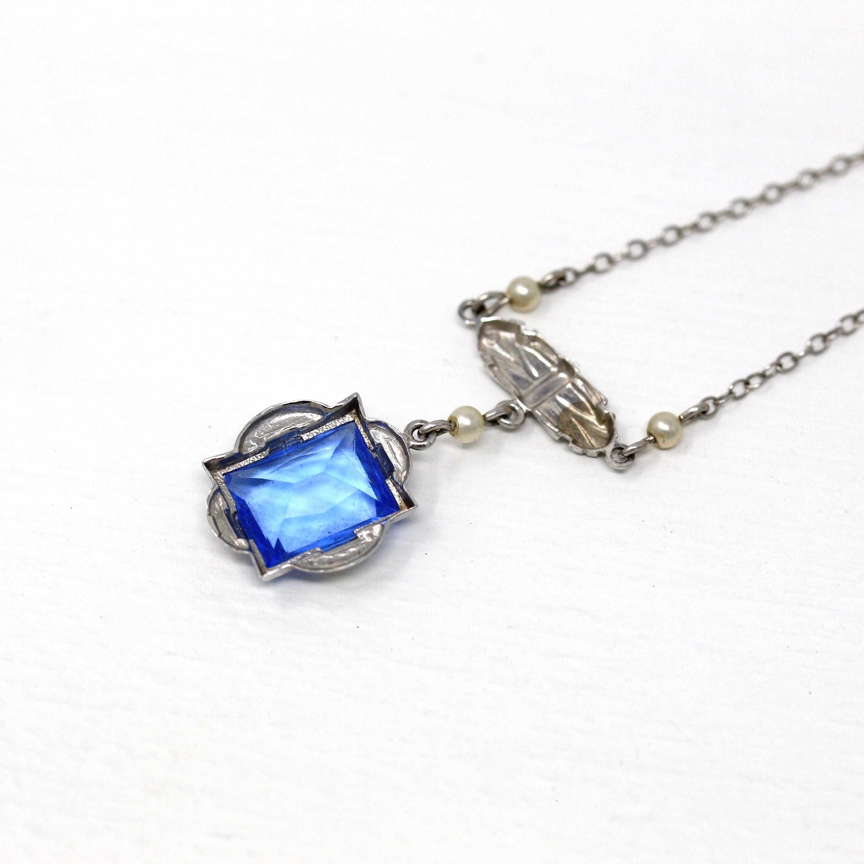 Art Deco Lavalier - Vintage 10k White Gold Simulated Sapphire & Seed Pearl Pendant Necklace - Circa 1930s Blue Glass 30s Fine Jewelry