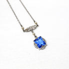 Art Deco Lavalier - Vintage 10k White Gold Simulated Sapphire & Seed Pearl Pendant Necklace - Circa 1930s Blue Glass 30s Fine Jewelry