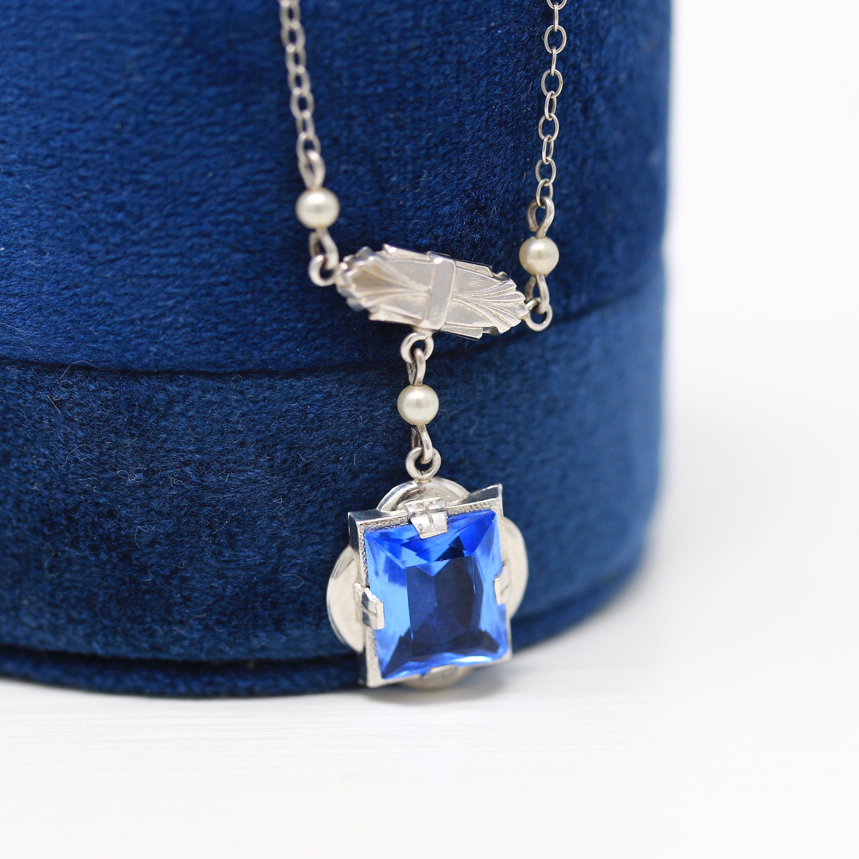 Art Deco Lavalier - Vintage 10k White Gold Simulated Sapphire & Seed Pearl Pendant Necklace - Circa 1930s Blue Glass 30s Fine Jewelry