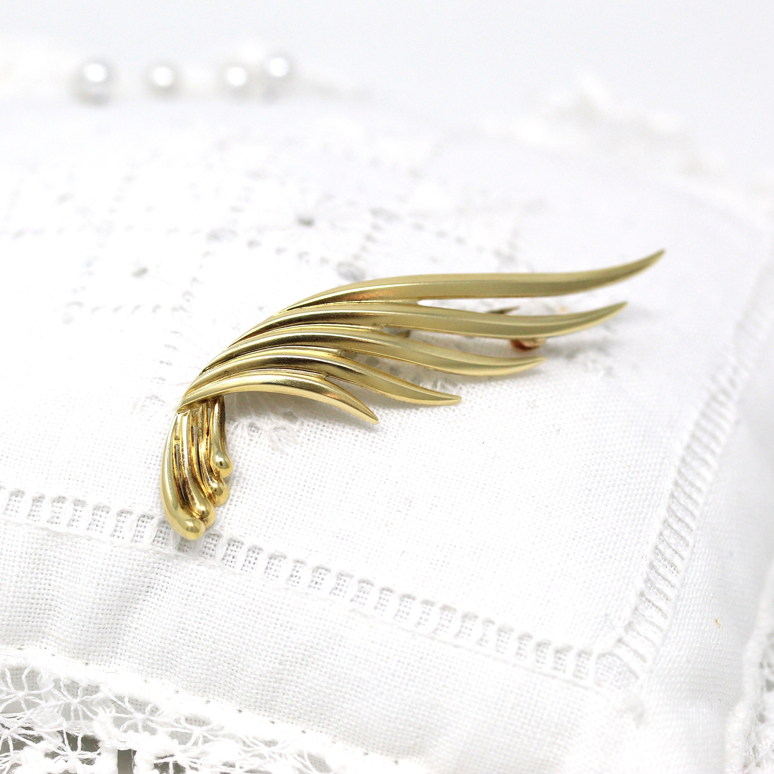 Tiffany & Co. Brooch - Estate 14k Yellow Gold Angel Wing Feather Pin - Circa 1980s Era Tiffany's Statement Fashion Accessory Fine Jewelry