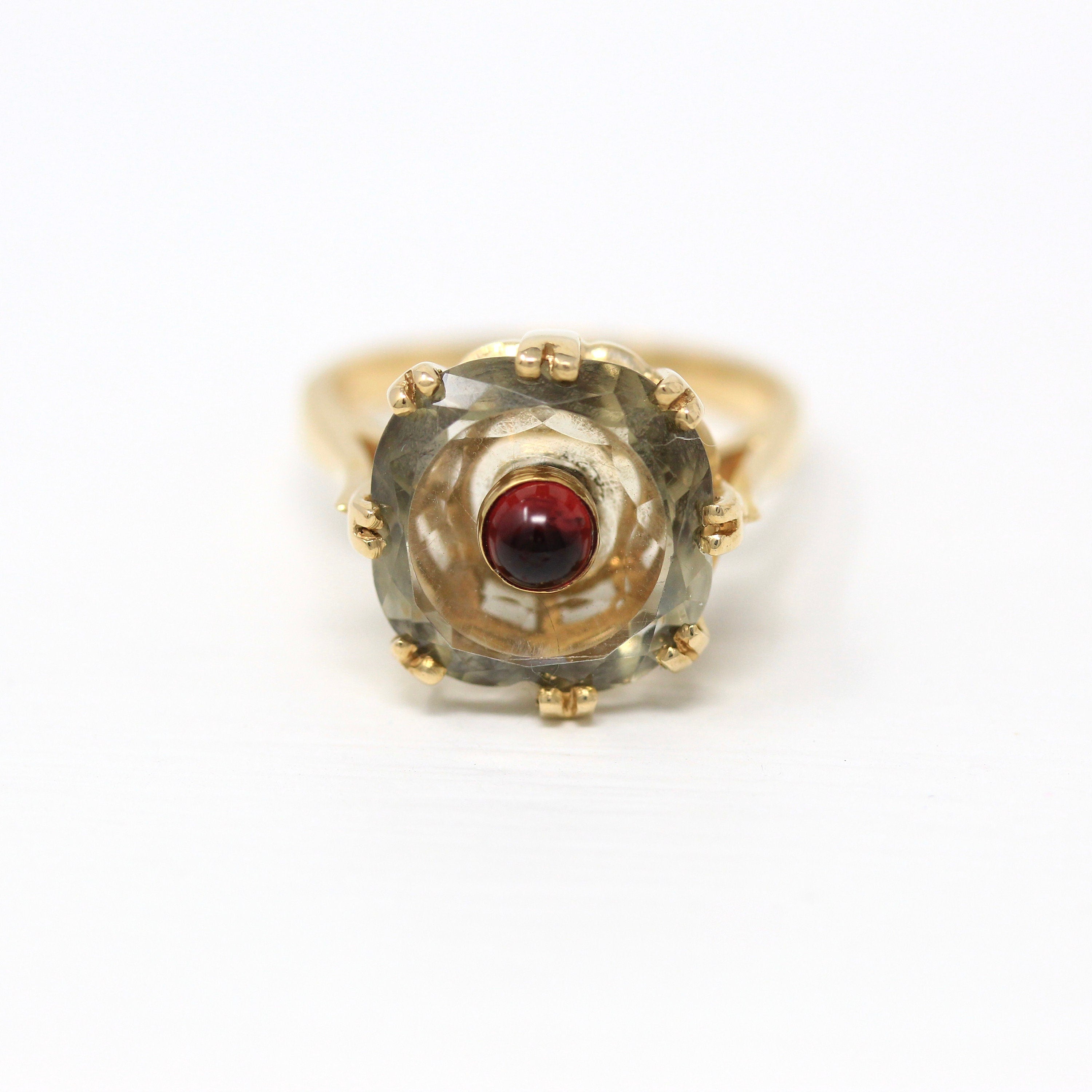 Smoky Quartz & Garnet Ring - Modern 14k Yellow Gold Fancy Cabochon Cut Gemstones - Estate Circa 2000s Era Size 6 Statement Fine Jewelry