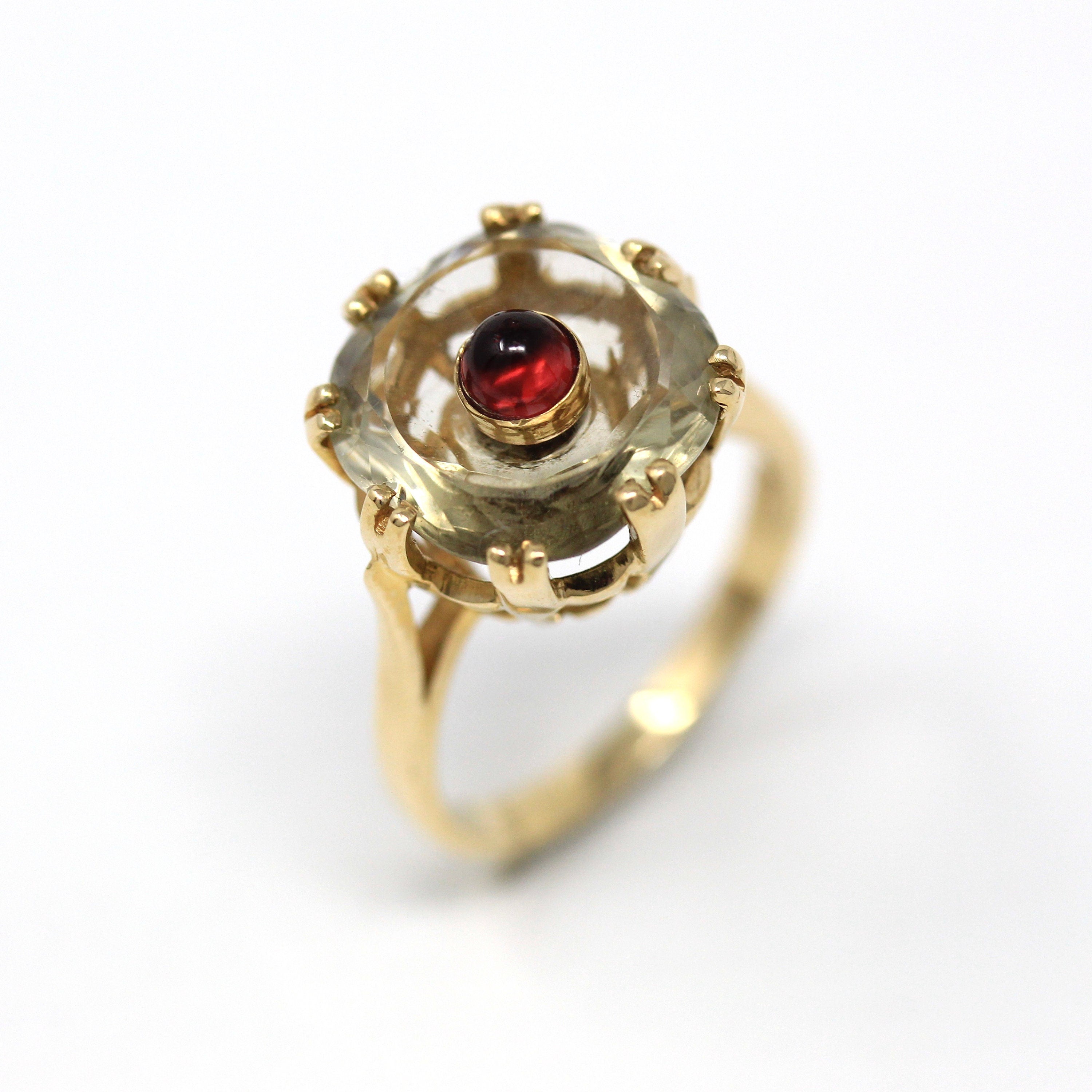 Sale Smoky Quartz Garnet Ring Modern 14k Yellow Gold Fancy Caboc MJV