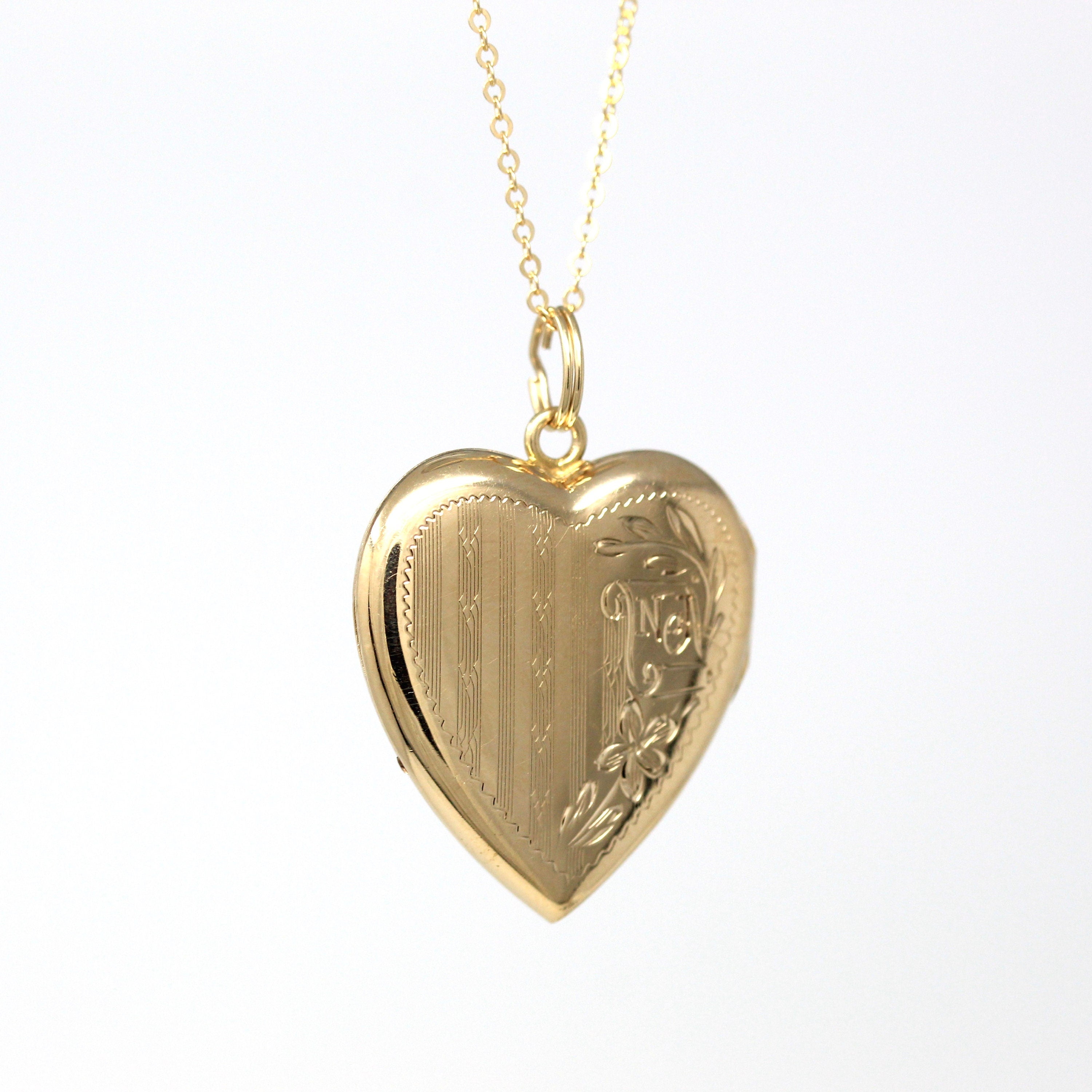 Vintage Heart Locket - Retro 10k Yellow Gold Initials NJ "To Nancy From Grandfather" Pendant Necklace - Circa 1940s Photograph 40s Jewelry