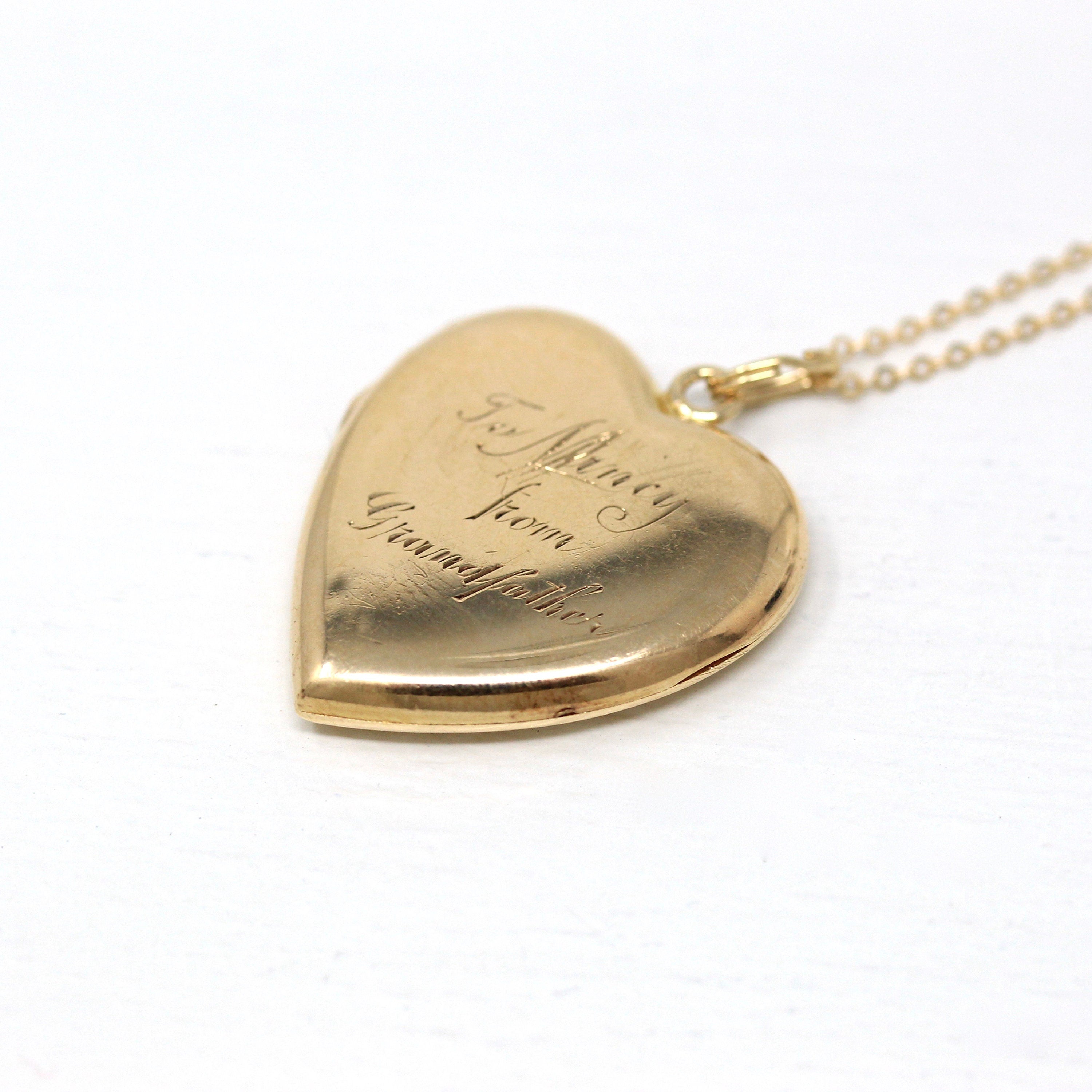 Vintage Heart Locket - Retro 10k Yellow Gold Initials NJ "To Nancy From Grandfather" Pendant Necklace - Circa 1940s Photograph 40s Jewelry