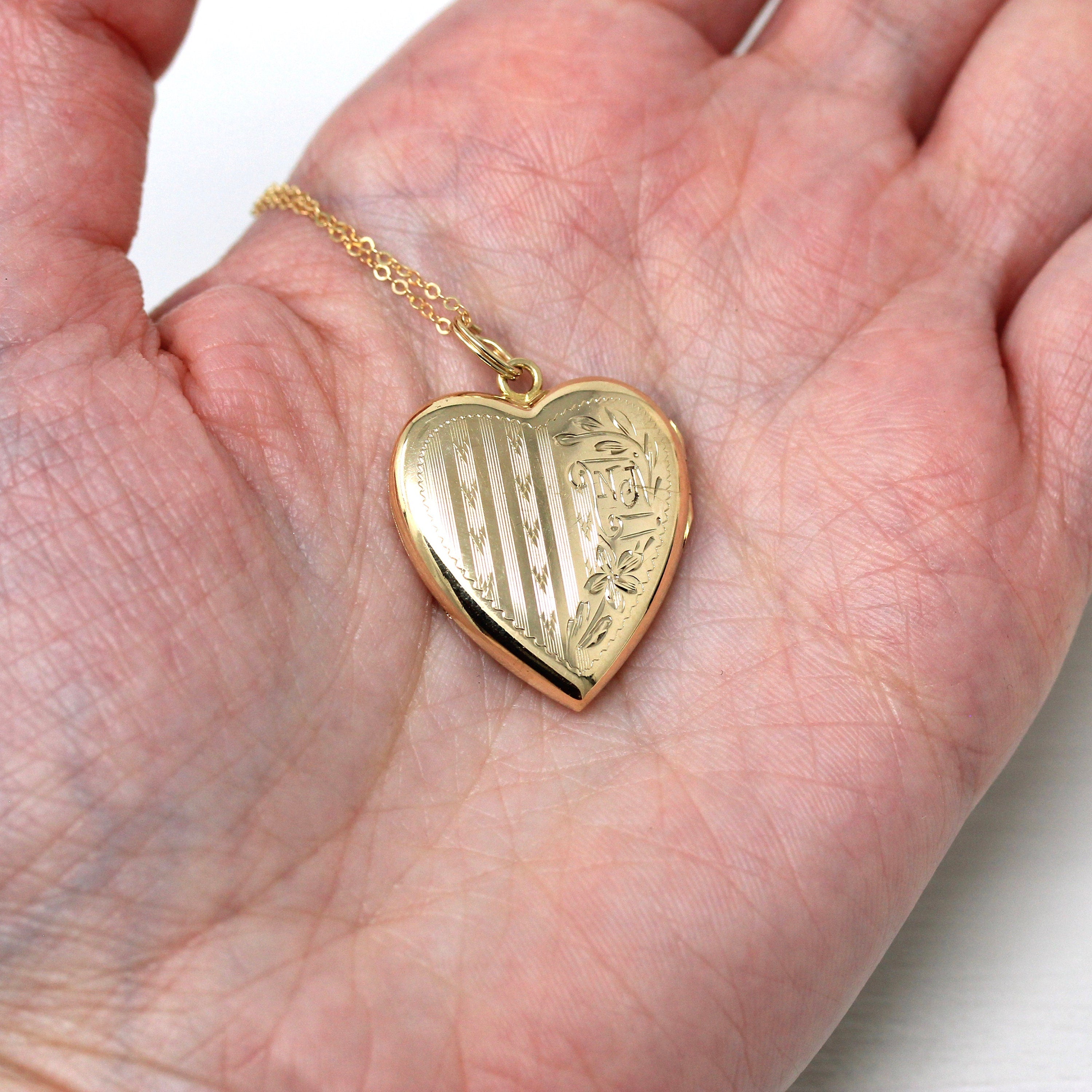 Vintage Heart Locket - Retro 10k Yellow Gold Initials NJ "To Nancy From Grandfather" Pendant Necklace - Circa 1940s Photograph 40s Jewelry