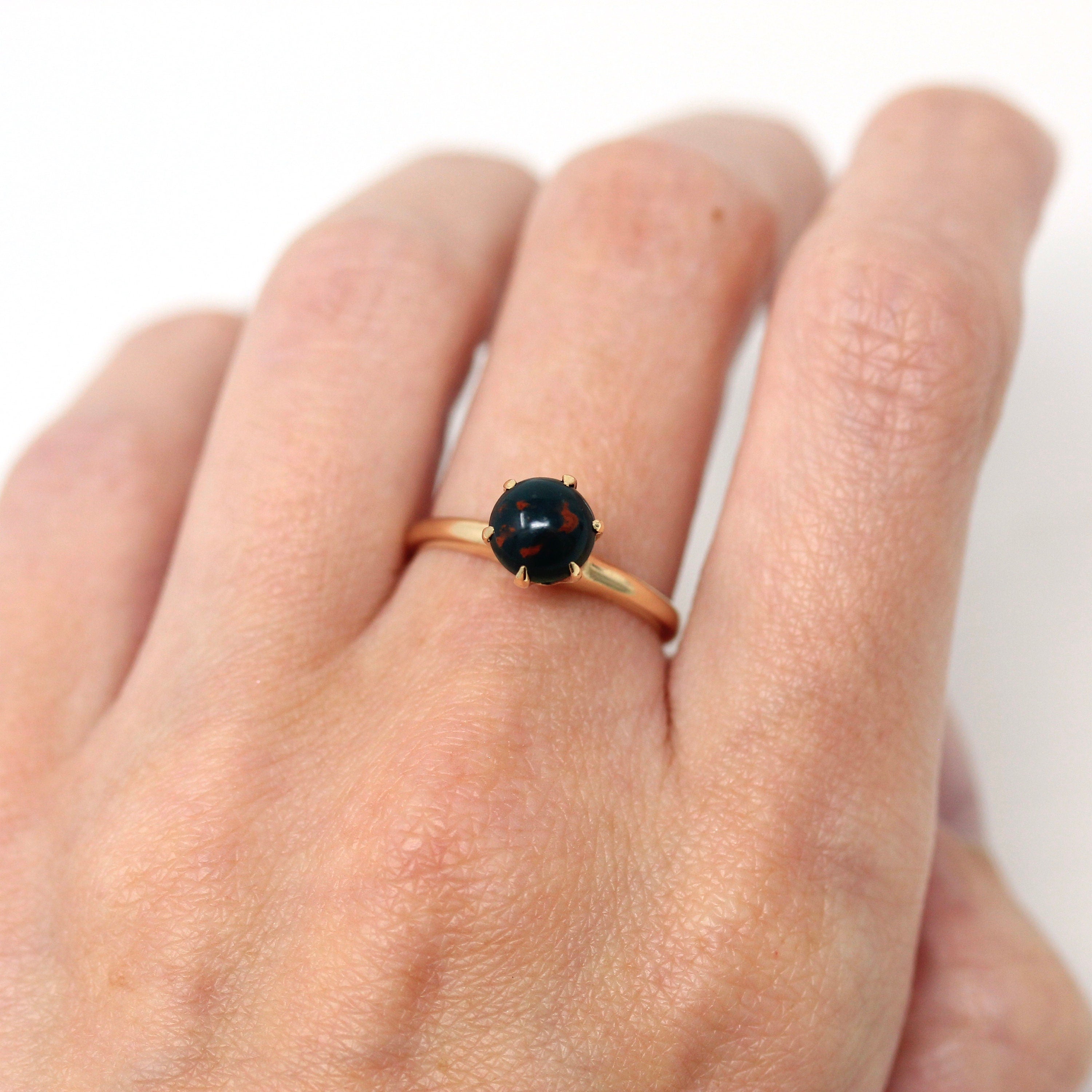 Genuine Bloodstone Ring - Edwardian 10k Yellow Gold Round Cabochon Cut 1.25 CT - Antique Circa 1910s Era Size 6 3/4 Solitaire Fine Jewelry