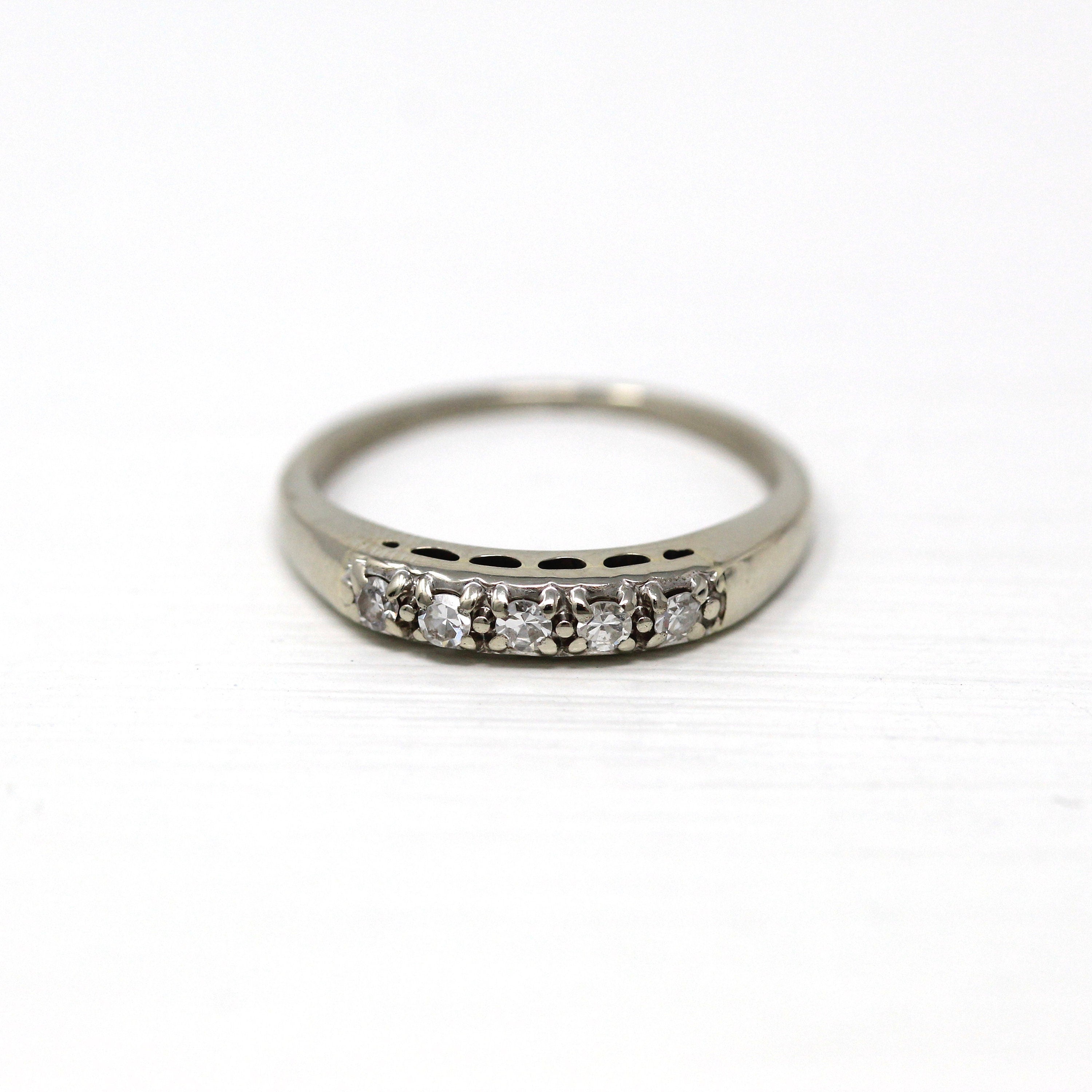 Genuine Diamond Band - Mid Century 14k White Gold .10 CTW Genuine Gems Wedding Ring - Circa 1950s Era Size 6 Wedding Stacking 50s Jewelry