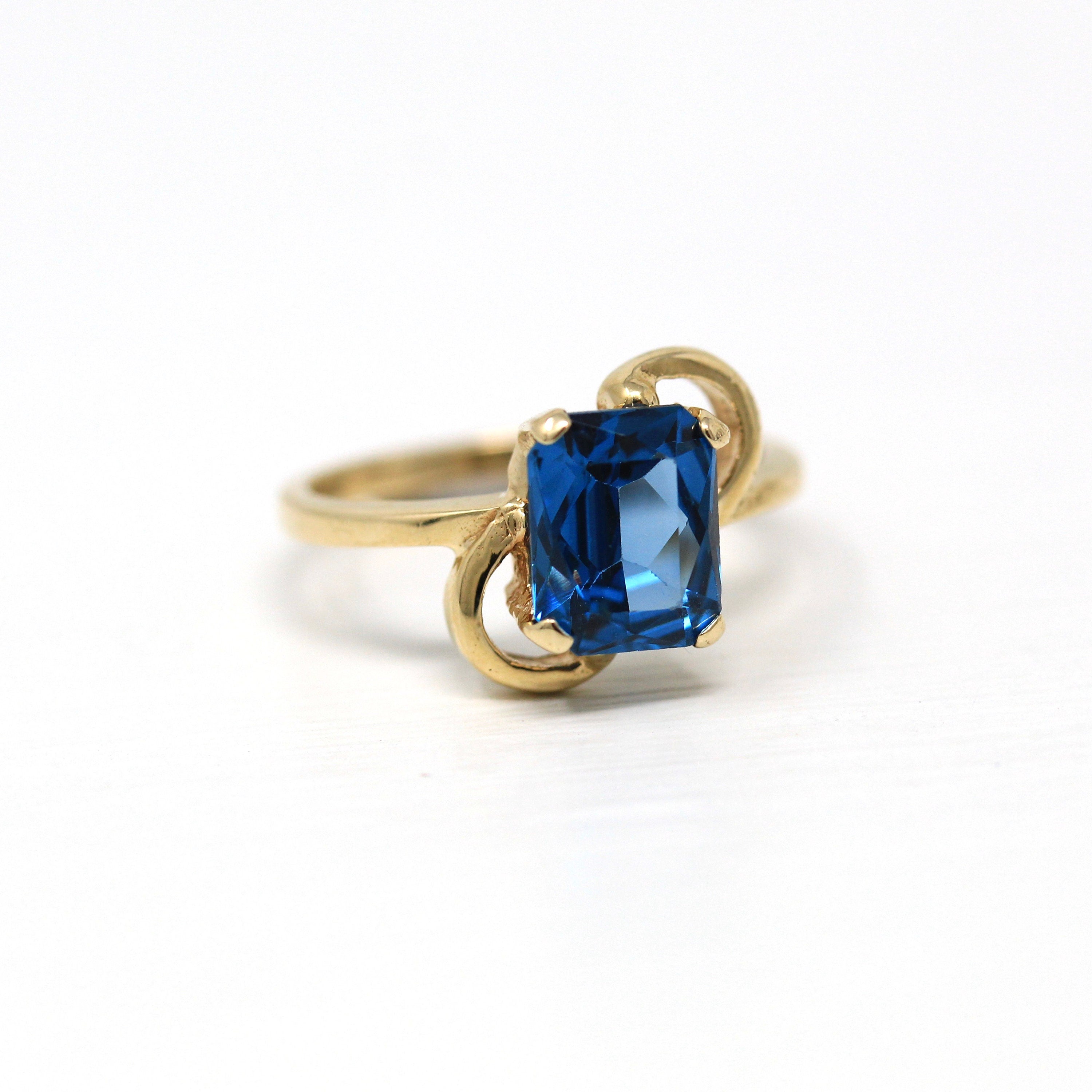 Created Spinel Ring - Retro 10k Yellow Gold Emerald Cut 1.90 CT Blue Stone - Vintage Circa 1960s Era Size 4 1/2 Solitaire Fine 60s Jewelry