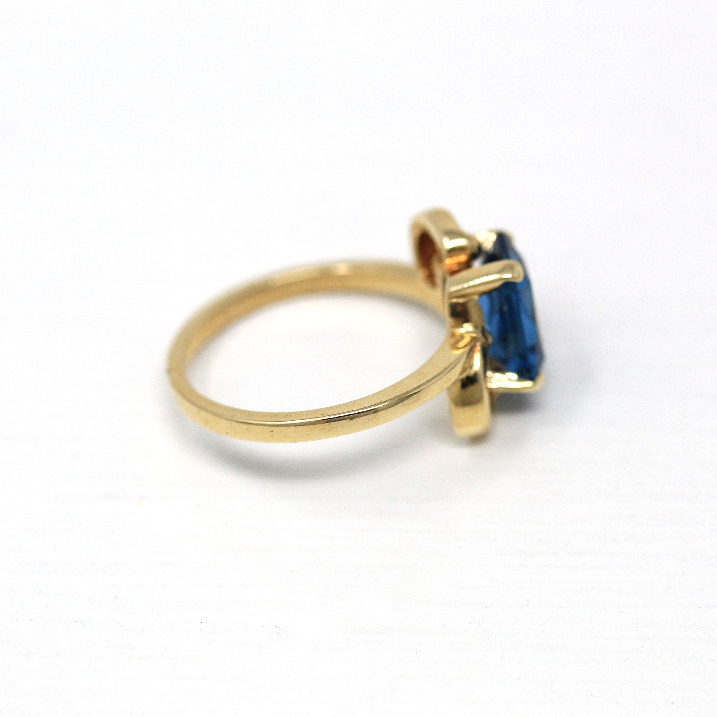 Created Spinel Ring - Retro 10k Yellow Gold Emerald Cut 1.90 CT Blue Stone - Vintage Circa 1960s Era Size 4 1/2 Solitaire Fine 60s Jewelry