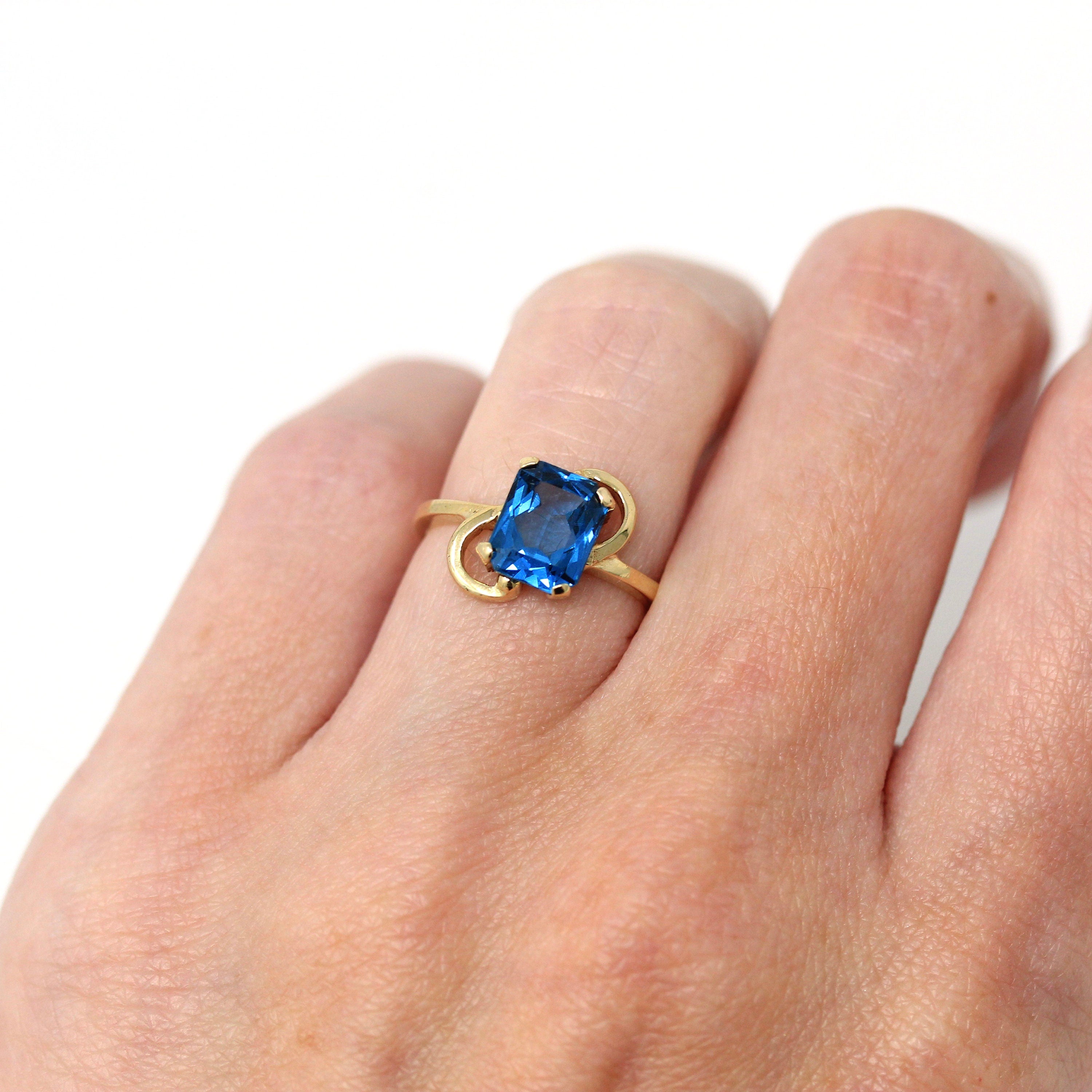 Created Spinel Ring - Retro 10k Yellow Gold Emerald Cut 1.90 CT Blue Stone - Vintage Circa 1960s Era Size 4 1/2 Solitaire Fine 60s Jewelry