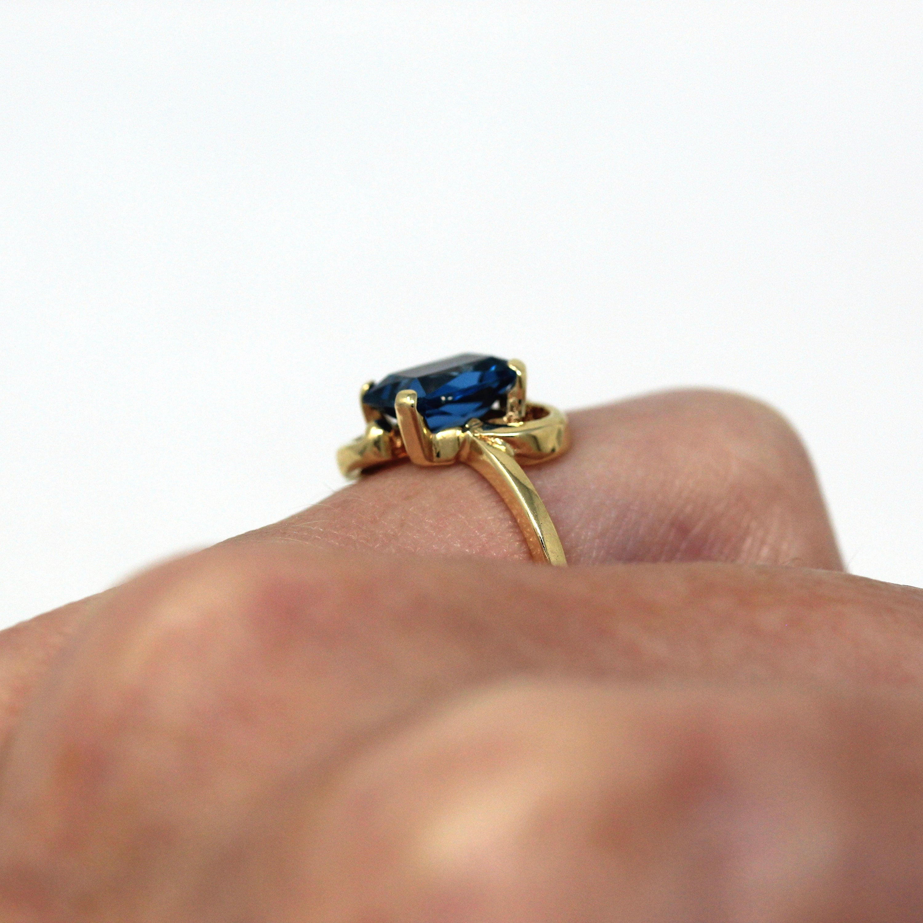 Created Spinel Ring - Retro 10k Yellow Gold Emerald Cut 1.90 CT Blue Stone - Vintage Circa 1960s Era Size 4 1/2 Solitaire Fine 60s Jewelry