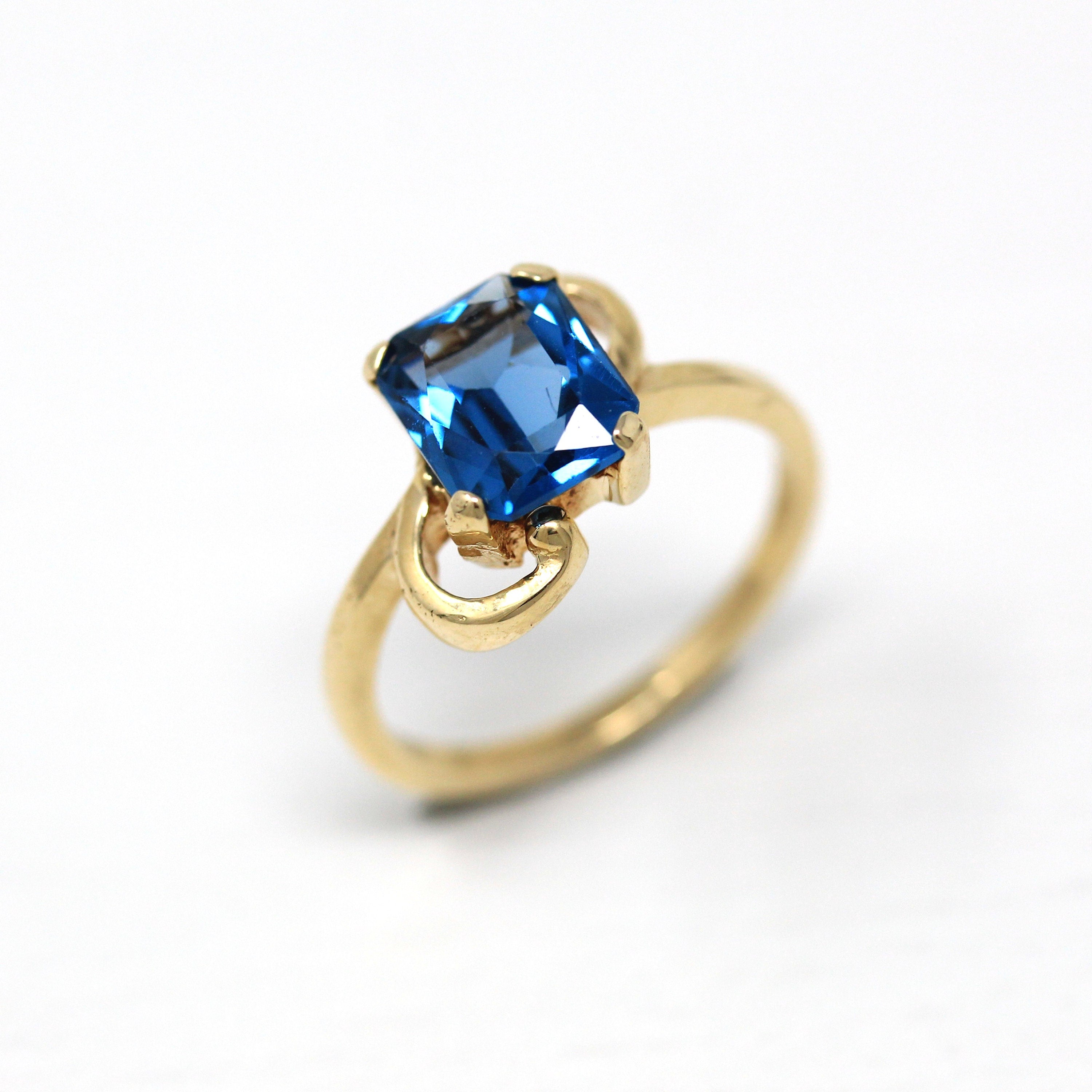 Created Spinel Ring - Retro 10k Yellow Gold Emerald Cut 1.90 CT Blue Stone - Vintage Circa 1960s Era Size 4 1/2 Solitaire Fine 60s Jewelry