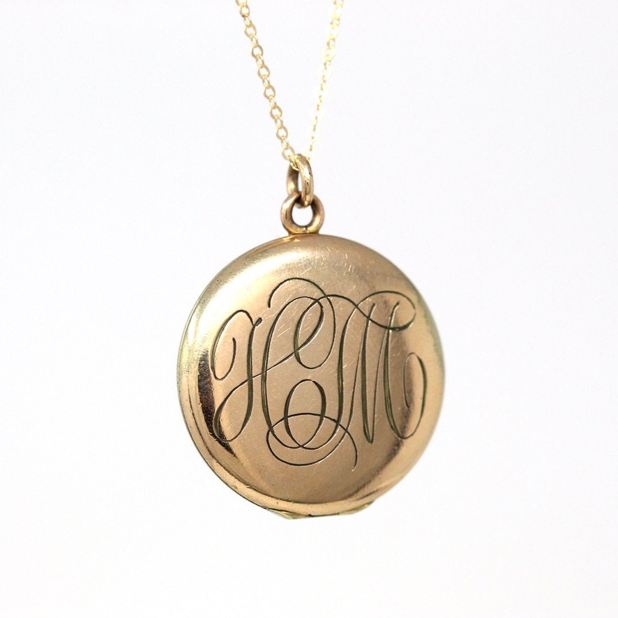 Monogrammed "HM" Locket - Antique Gold Filled Engraved Initials Round Pendant Necklace - Edwardian Circa 1910s Era Photo Keepsake Jewelry