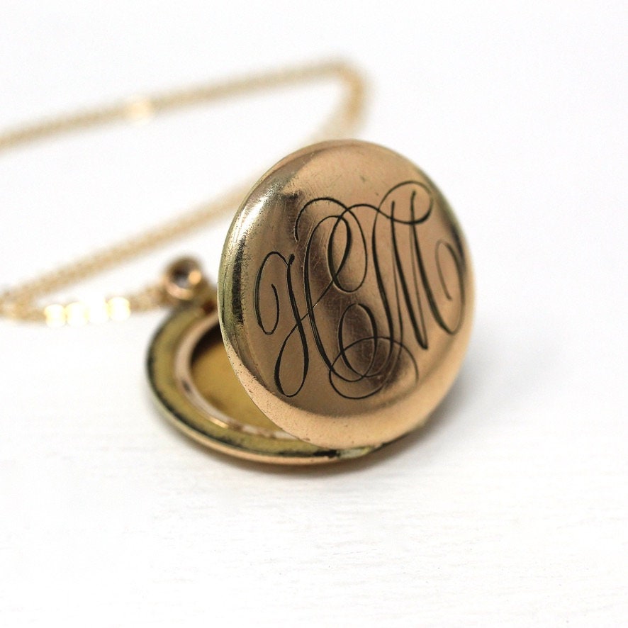 Monogrammed "HM" Locket - Antique Gold Filled Engraved Initials Round Pendant Necklace - Edwardian Circa 1910s Era Photo Keepsake Jewelry