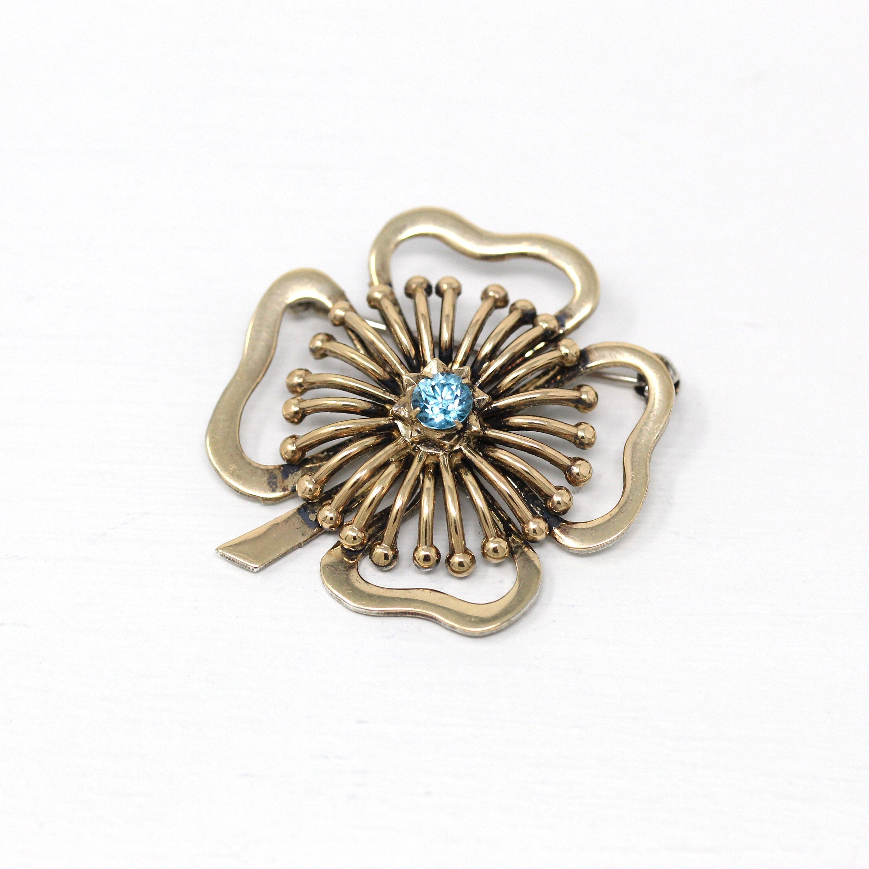 Genuine Zircon Brooch - Retro 14k Gold Filled On Sterling Silver Four Leaf Clover Pin - Circa 1940s Era Symmetalic Fashion Accessory Jewelry